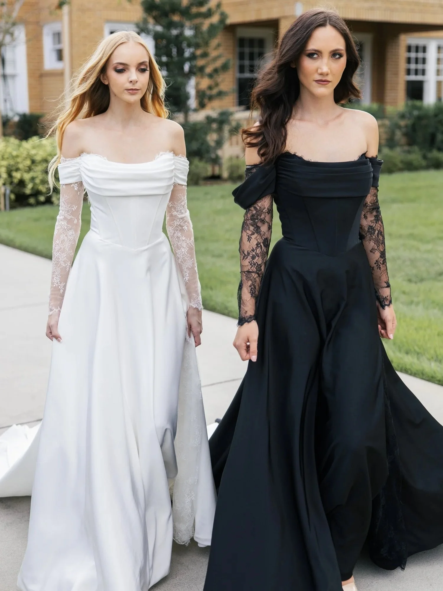 Two gowns, two moods, one unforgettable silhouette. ✨

From timeless ivory to bold black, this off-the-shoulder design was made for the bride who wants elegance with a fashion-forward edge. Draped details, fitted lace sleeves, and a sculpted bodice c
