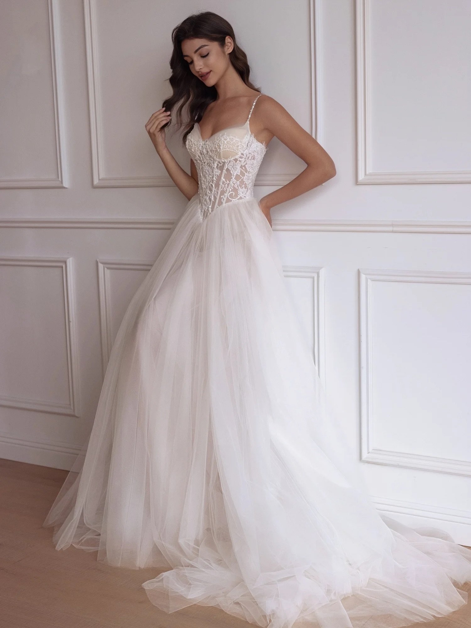 For the bride who loves classic romance. Soft lace, graceful movement, and a beautifully defined waistline.

romantic bride, lace wedding gown, basque waist, classic bridal style, tulle skirt #bgsbride