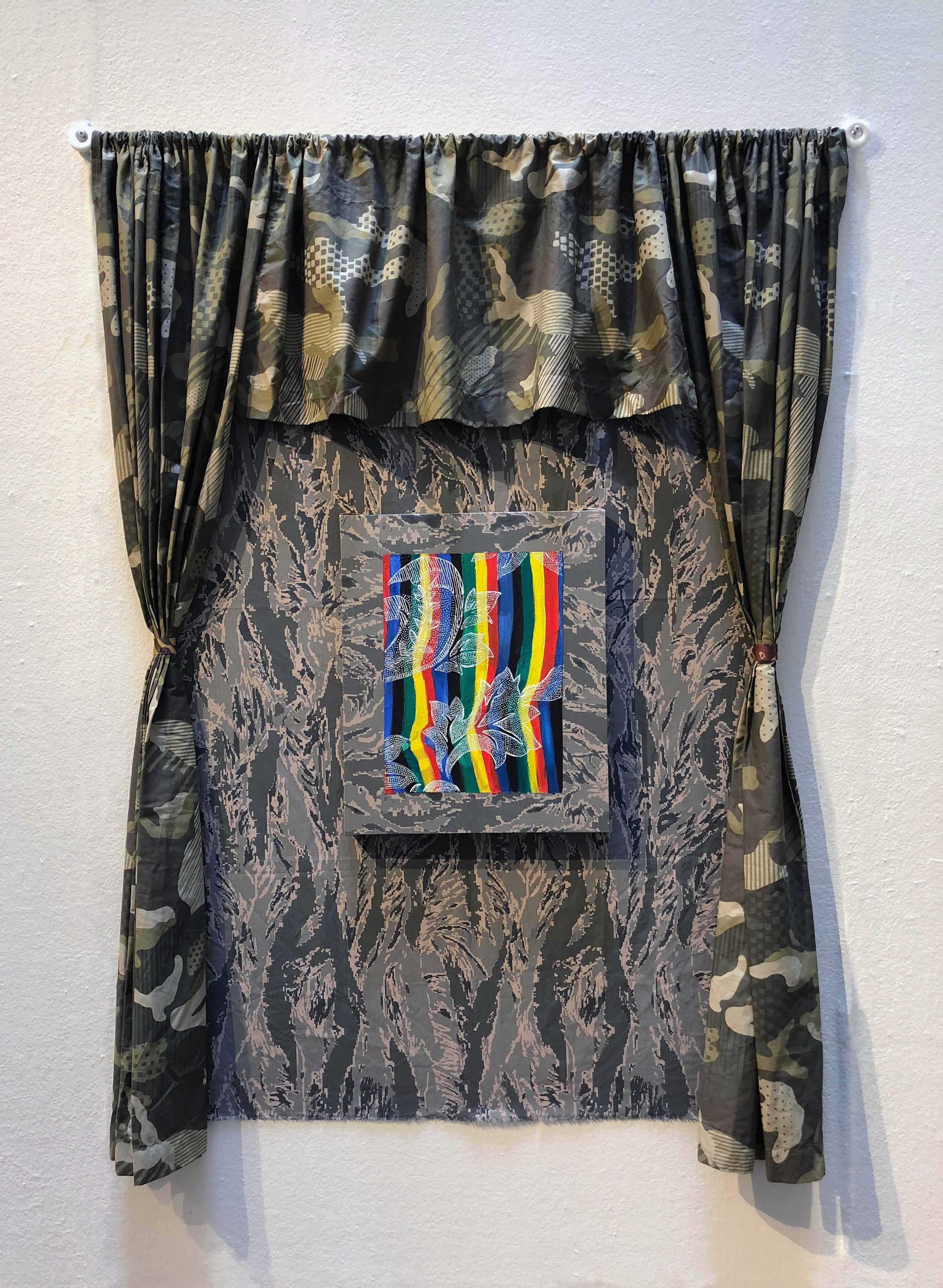 Erick A Benitez_It's the land, here, that's a body, a body of land_Oil on streched camouflage fabric, curtains and metal rod_2018_$2,500.jpg