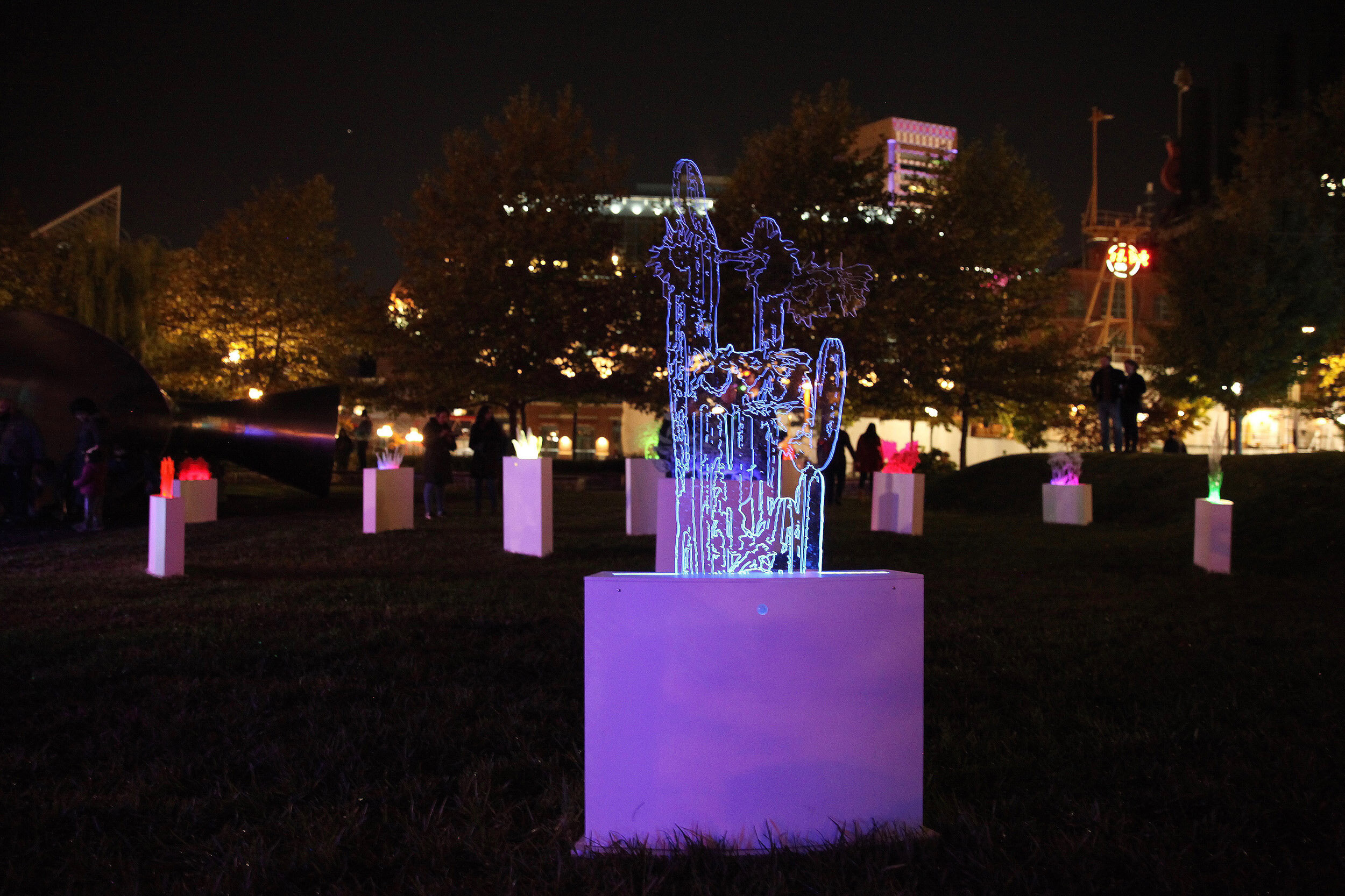  Where Pathways Meet (detail view), 2019, Laser cut acrylic, wood, LED lights, Arduino with PIR motion sensors, and sound. 5' x 3' x 5". Collaborative project with Sutton Demlong for Baltimore Light City Festival Commission. Installation view at Pier