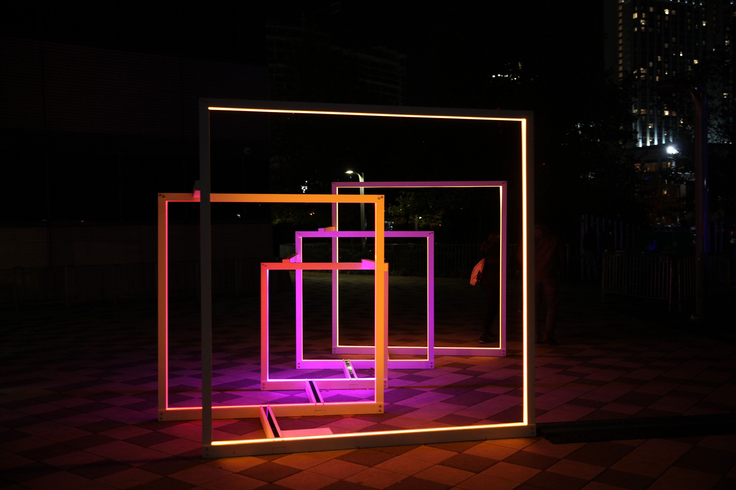  Where Pathways Meet (detail view of Portal at night), 2019, Laser cut acrylic, wood, LED lights. 8' x 8' x 12'. Collaborative project with Sutton Demlong for Baltimore Light City Festival Commission. Installation view at Pierce Park, Pier 5, Baltimo