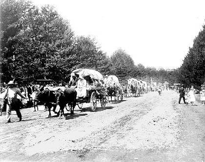 Made July 2, 1897 Salt Lake City, Utah. Triumphal Entry 1897. Used by permission, Utah State Historical Society, all rights reserved - Photograph: Salt Lake Tribune. The Silver Jubilee re-enactment company's greeting by parade-goers is recorded here but no details as to the exact location of the photograph accompany it.
