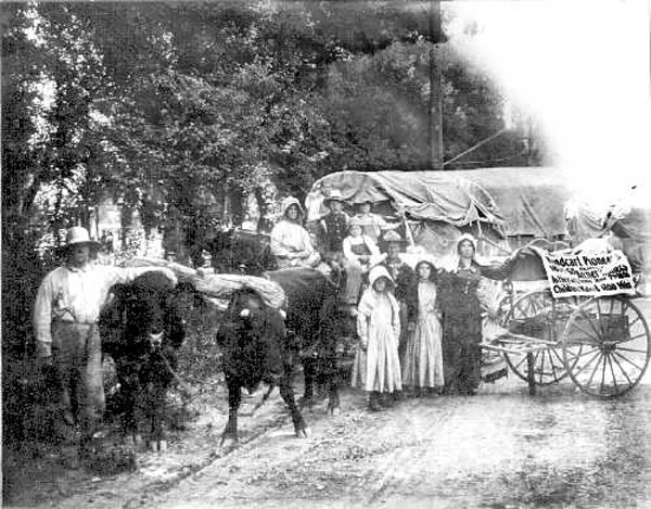 Made July 2, 1897 Salt Lake City, Utah. Wagon & Handcart 1897. Used by permission, Utah State Historical Society, all rights reserved - Photograph: Salt Lake Tribune. Handcart and wagon meet in this scene from the 1897 Silver Jubilee re-enactment. One hundred years closer to the pioneers than today's re-enactors, it is instructive to examine the picture's details. The team and wagon are the same as those in the lead of the previous picture.
