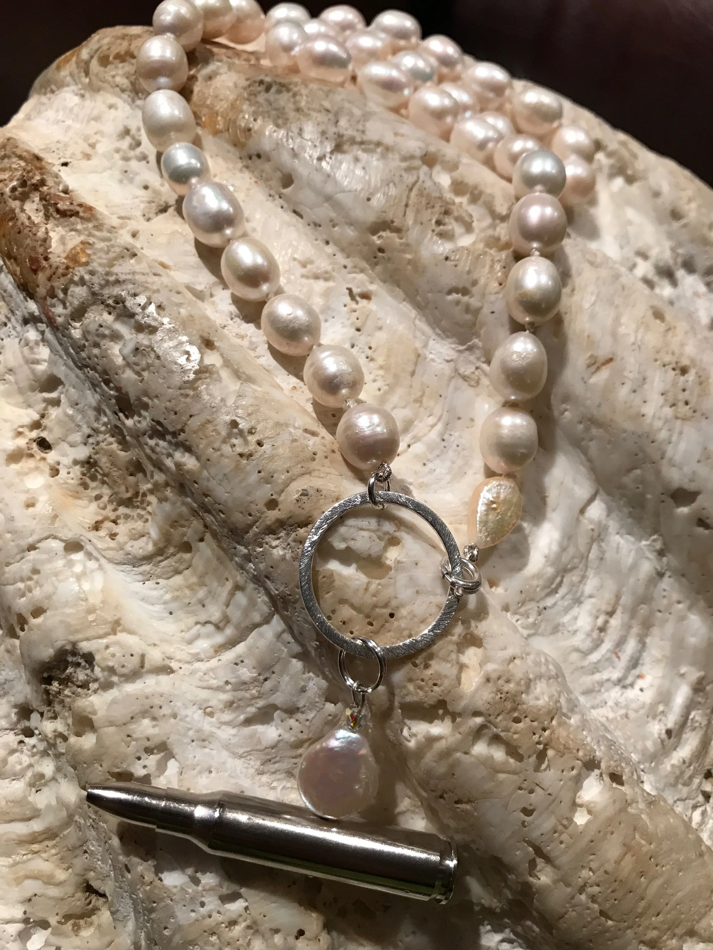 Natural freshwater pearl necklace with large bullet pendant