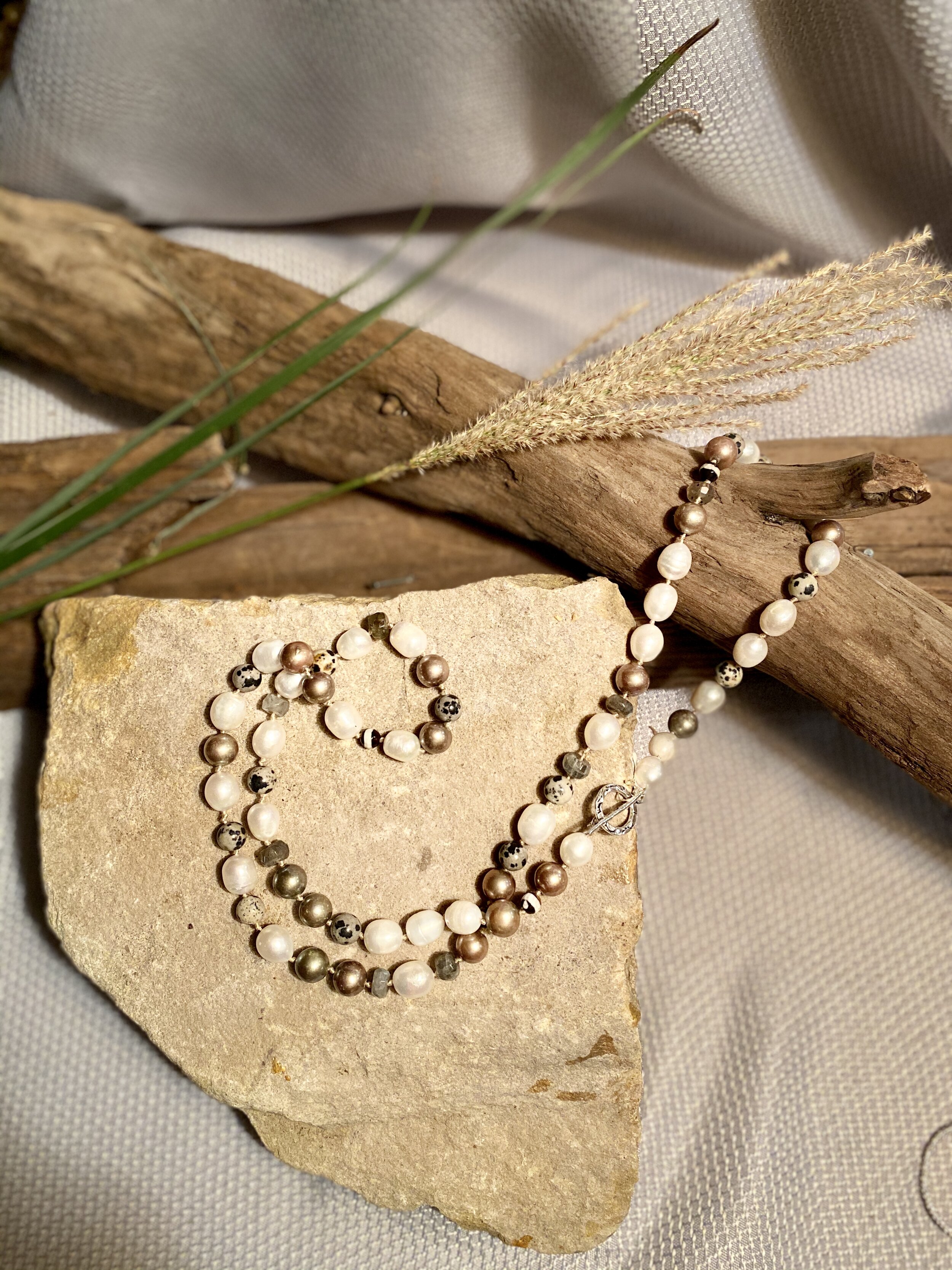 34” freshwater multi pearl and natural stone necklace