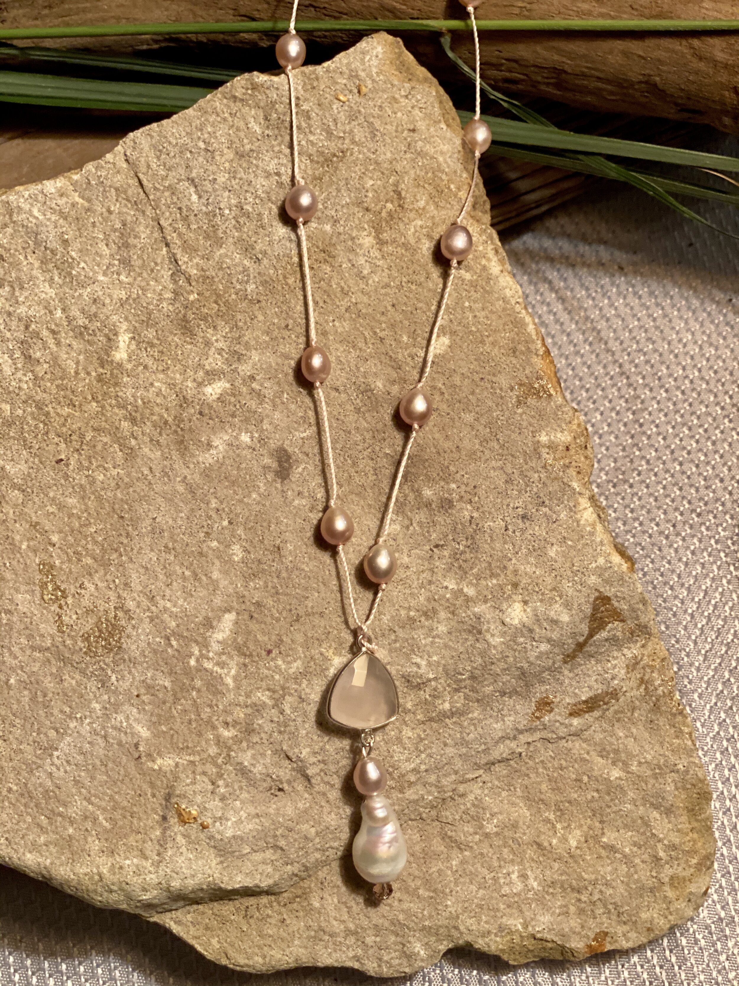 20” Lariat style natural freshwater pearl necklace , pink knotting thread