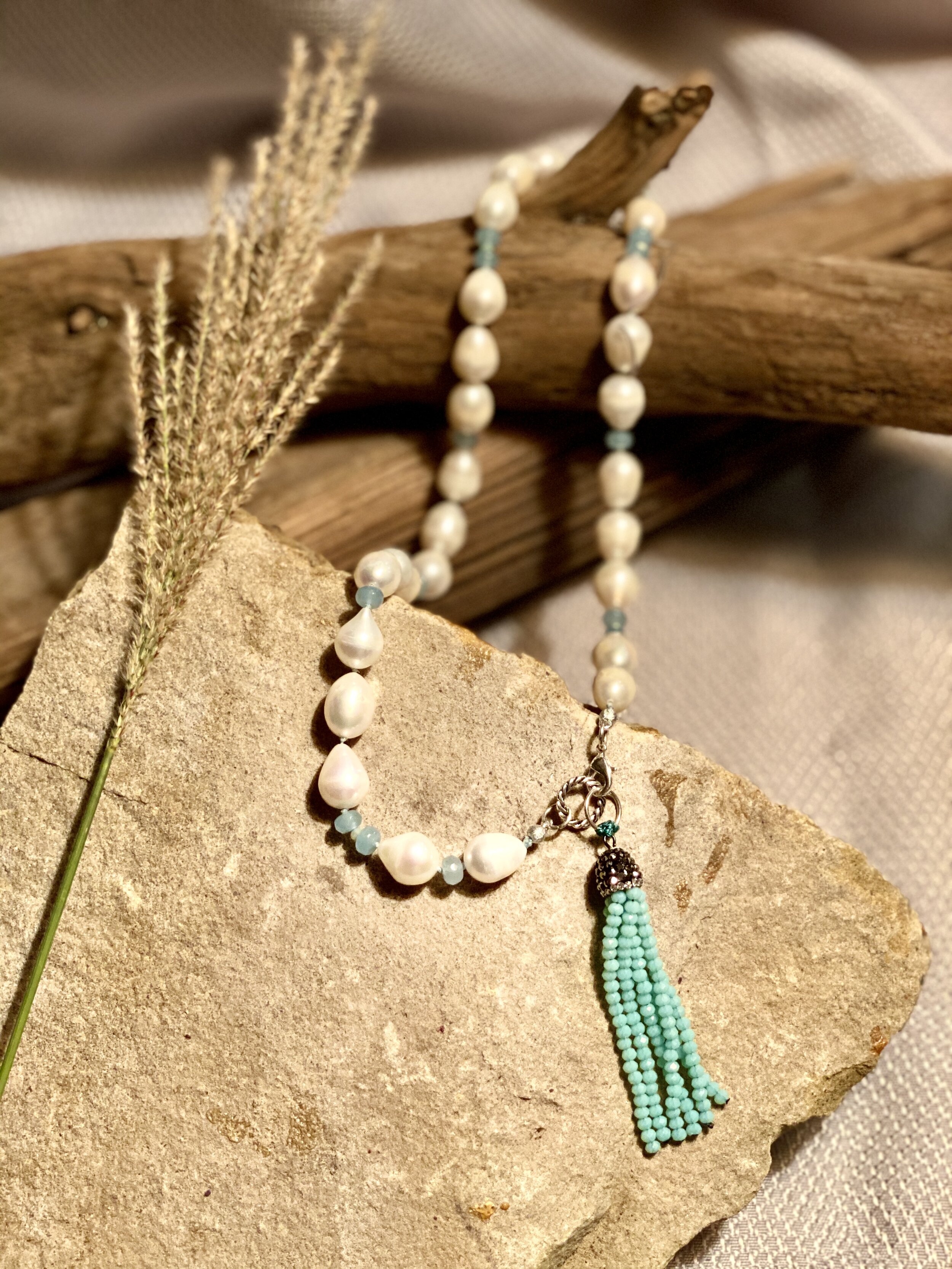 20” natural freshwater pearl and aqua agate bead necklace with bead tassel