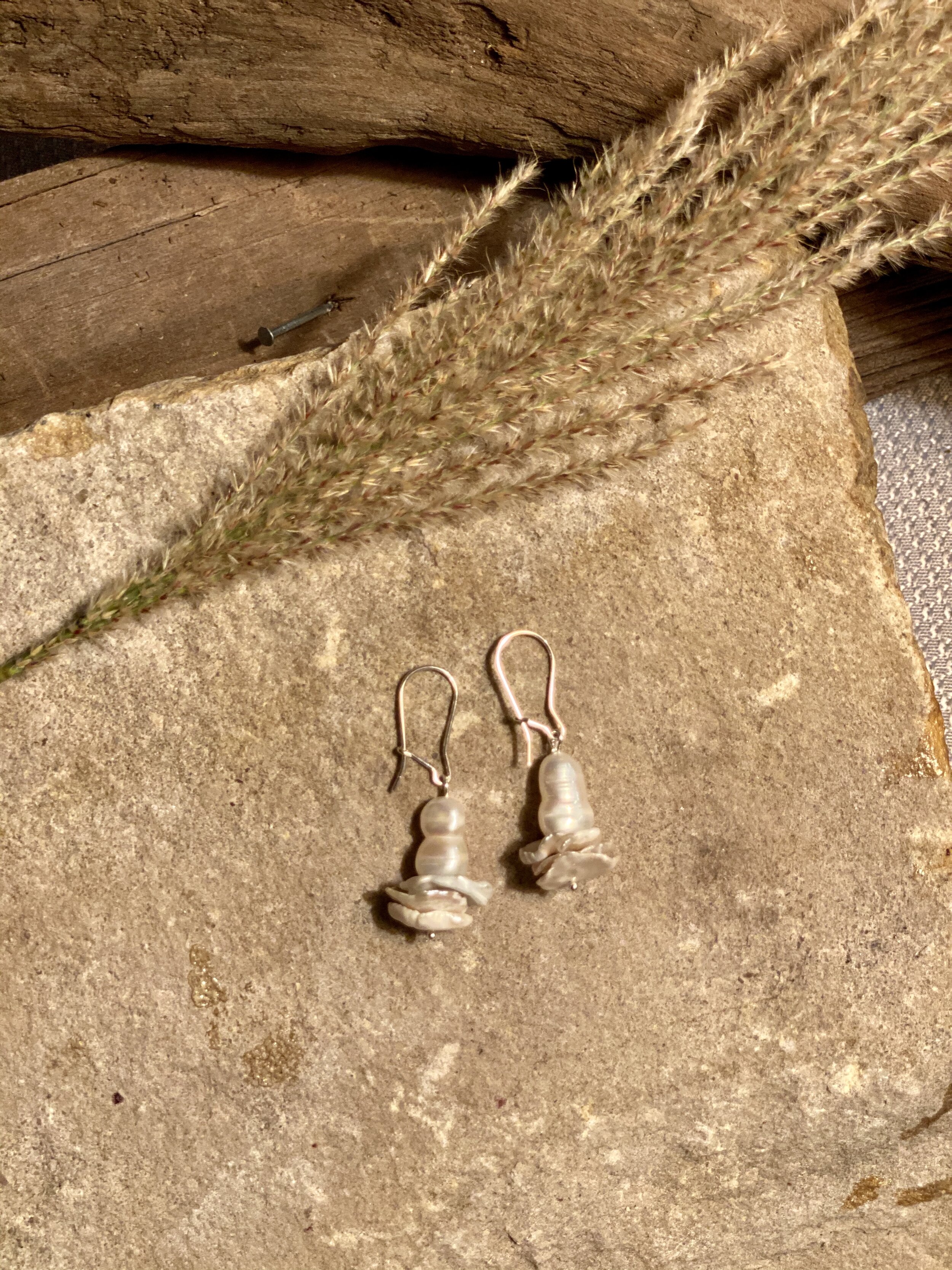 Natural freshwater Peanut pearl and keshi pearl layered earrings