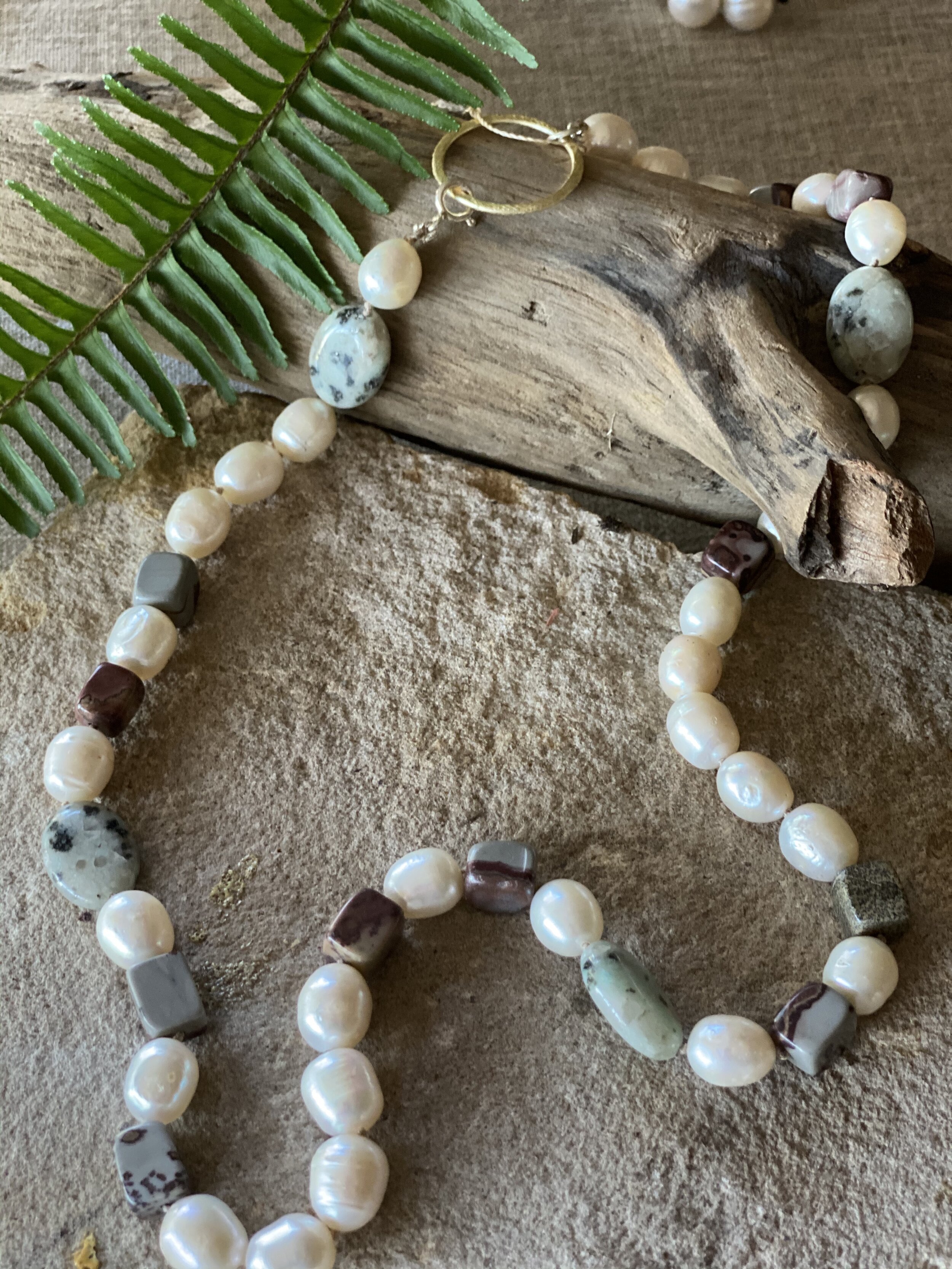 23.5” natural freshwater pearl and multi jasper Necklace