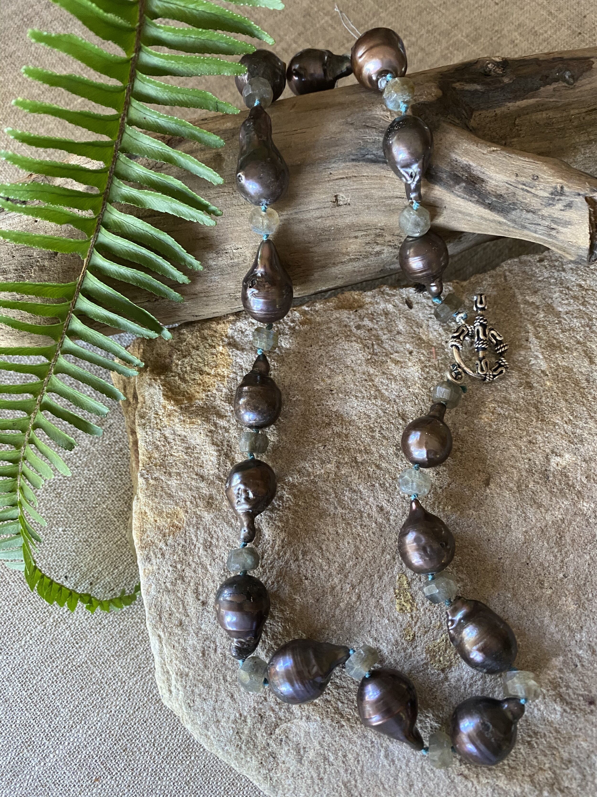 19.5” chocolate freshwater Baroque pearl and Labrodite necklace