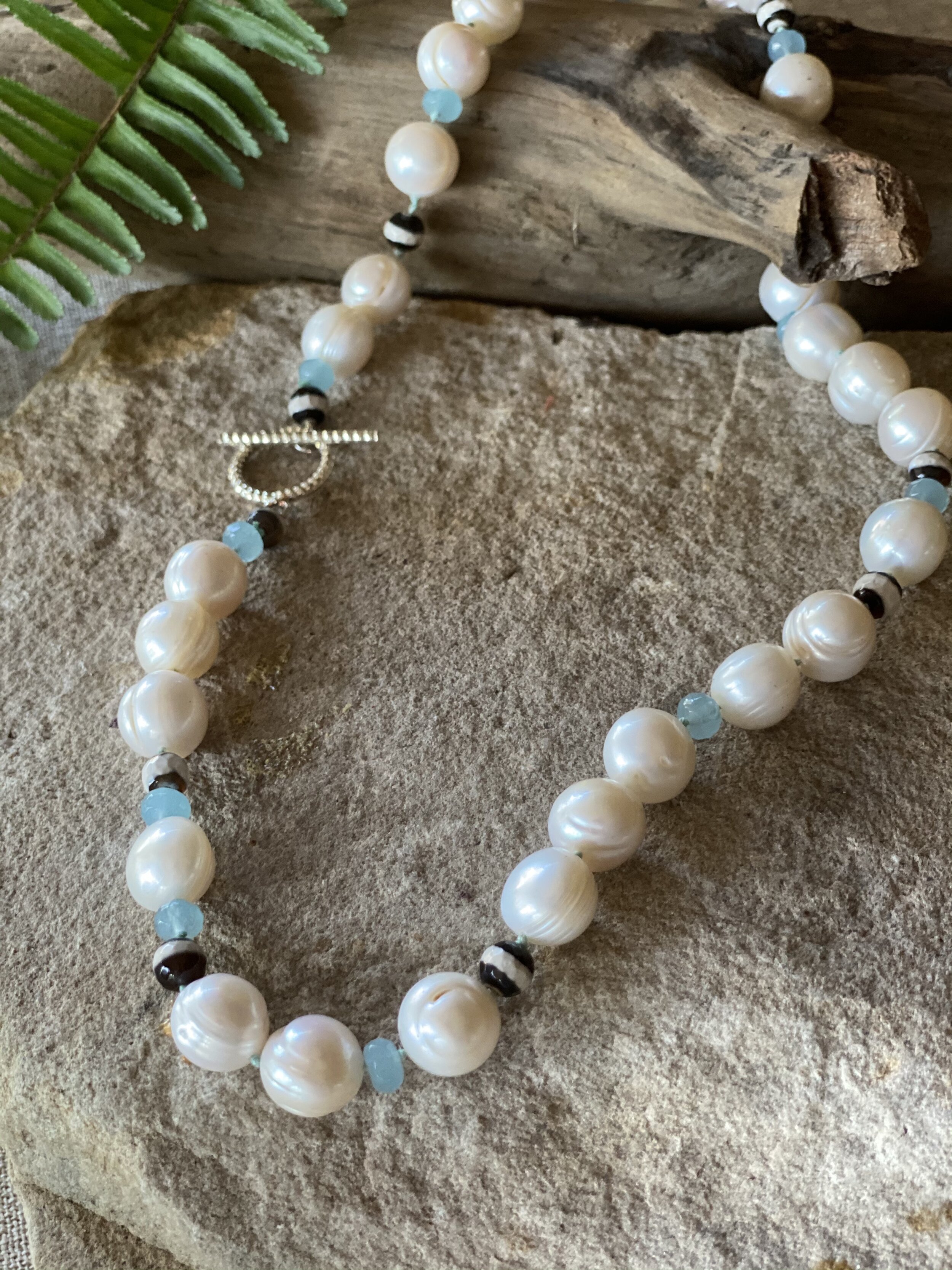 21.5” large rounded natural freshwater pearl necklace with aqua and black and whiteagate stones 