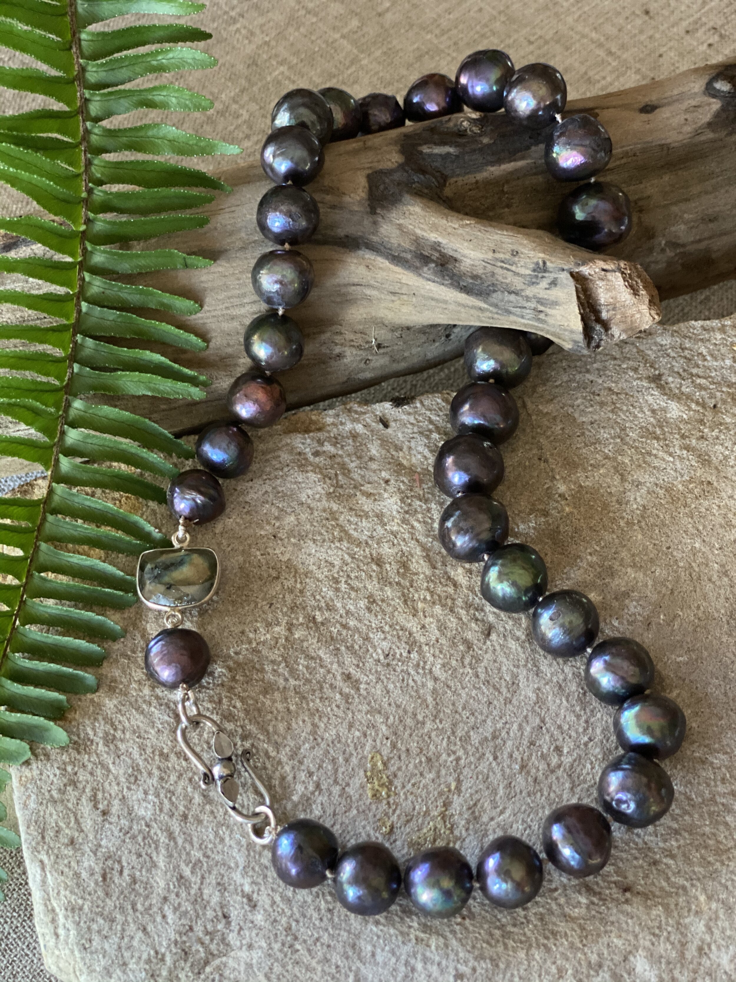 Large Natural Freshwater Peacock colored Baroque pearl necklace with Labrodite accent