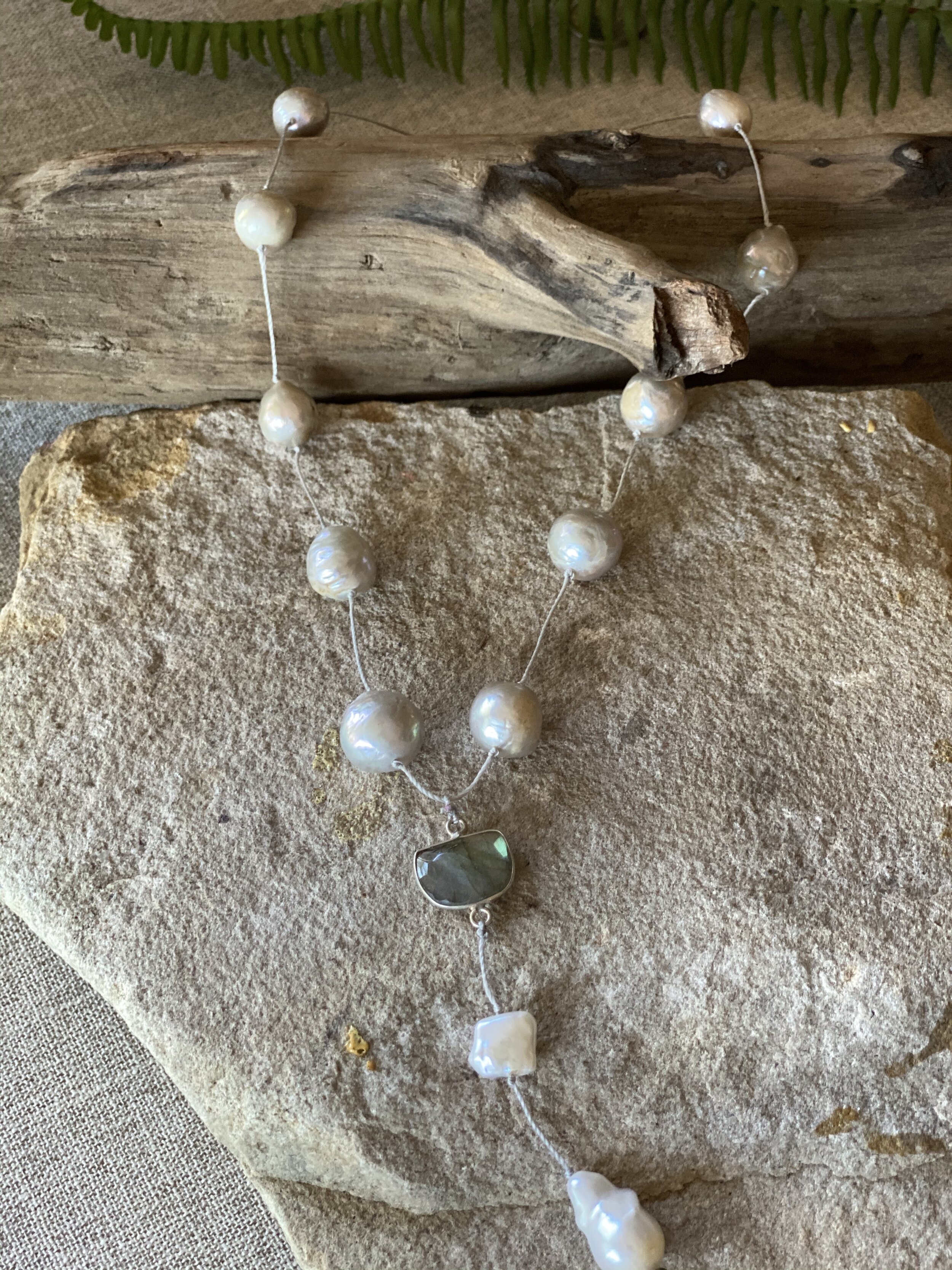 Natural light gray freshwater Baroque pearl “Tin cup” necklace with drop 