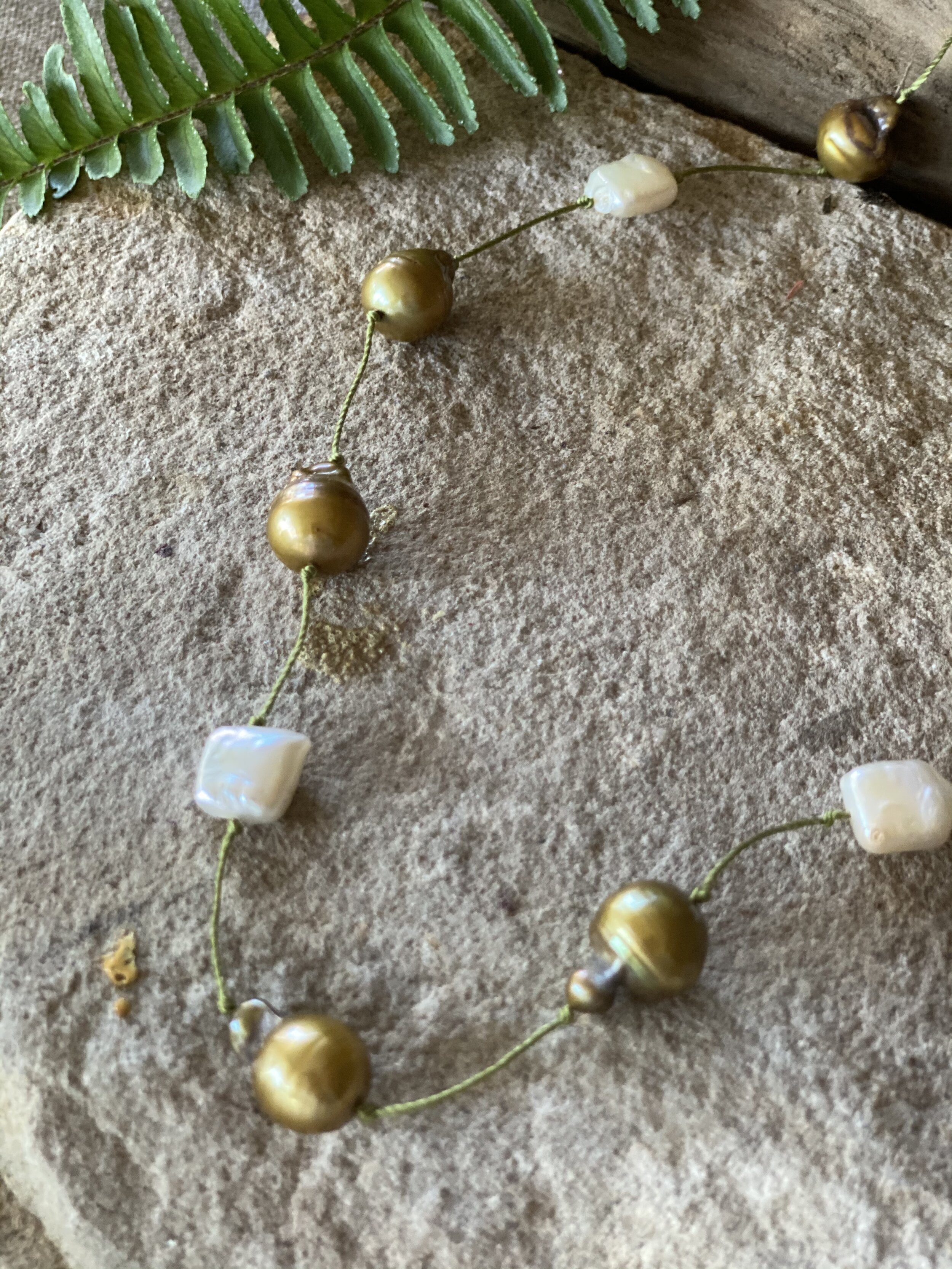 17” natural and gold freshwater pearl “Tin Cup” style necklace