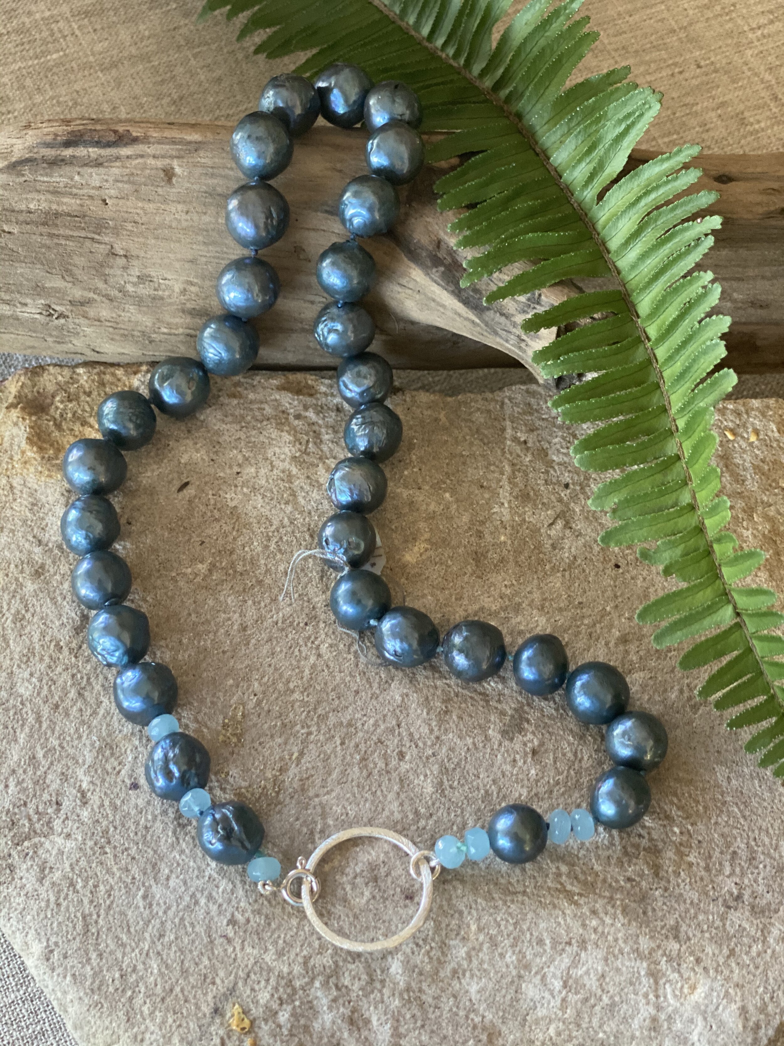 20” teal freshwater pearl necklace with aqua agate stone beads.