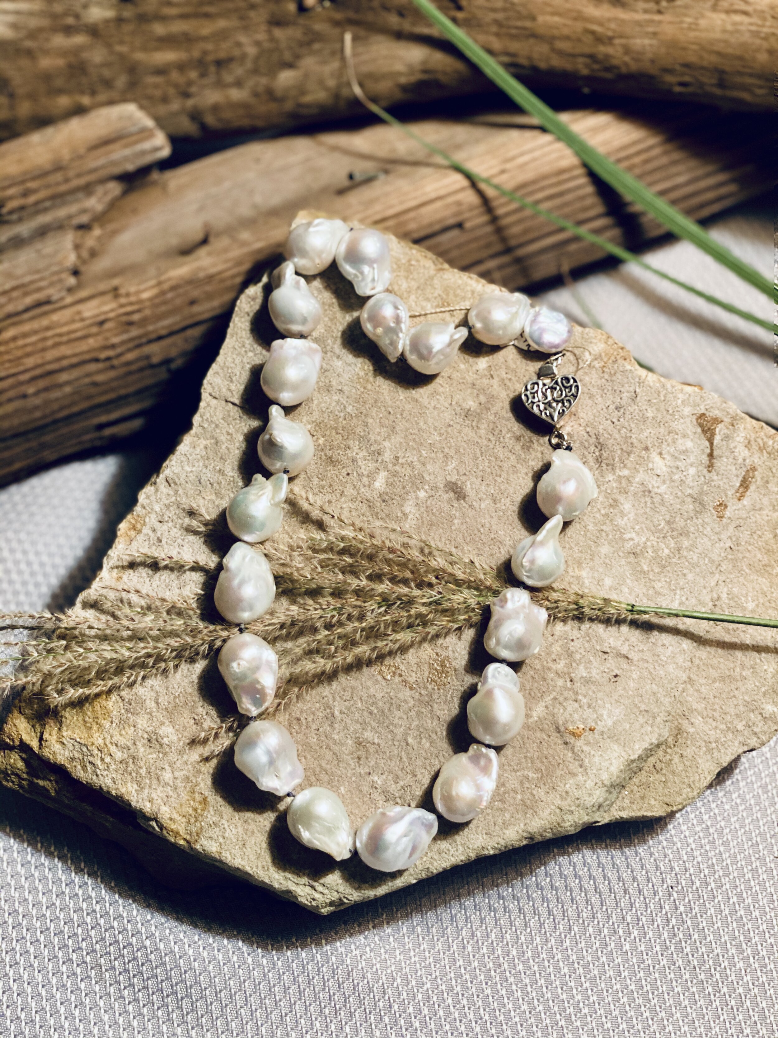 19” large white freshwater Baroque pearl necklace with sterling silver heart clasp