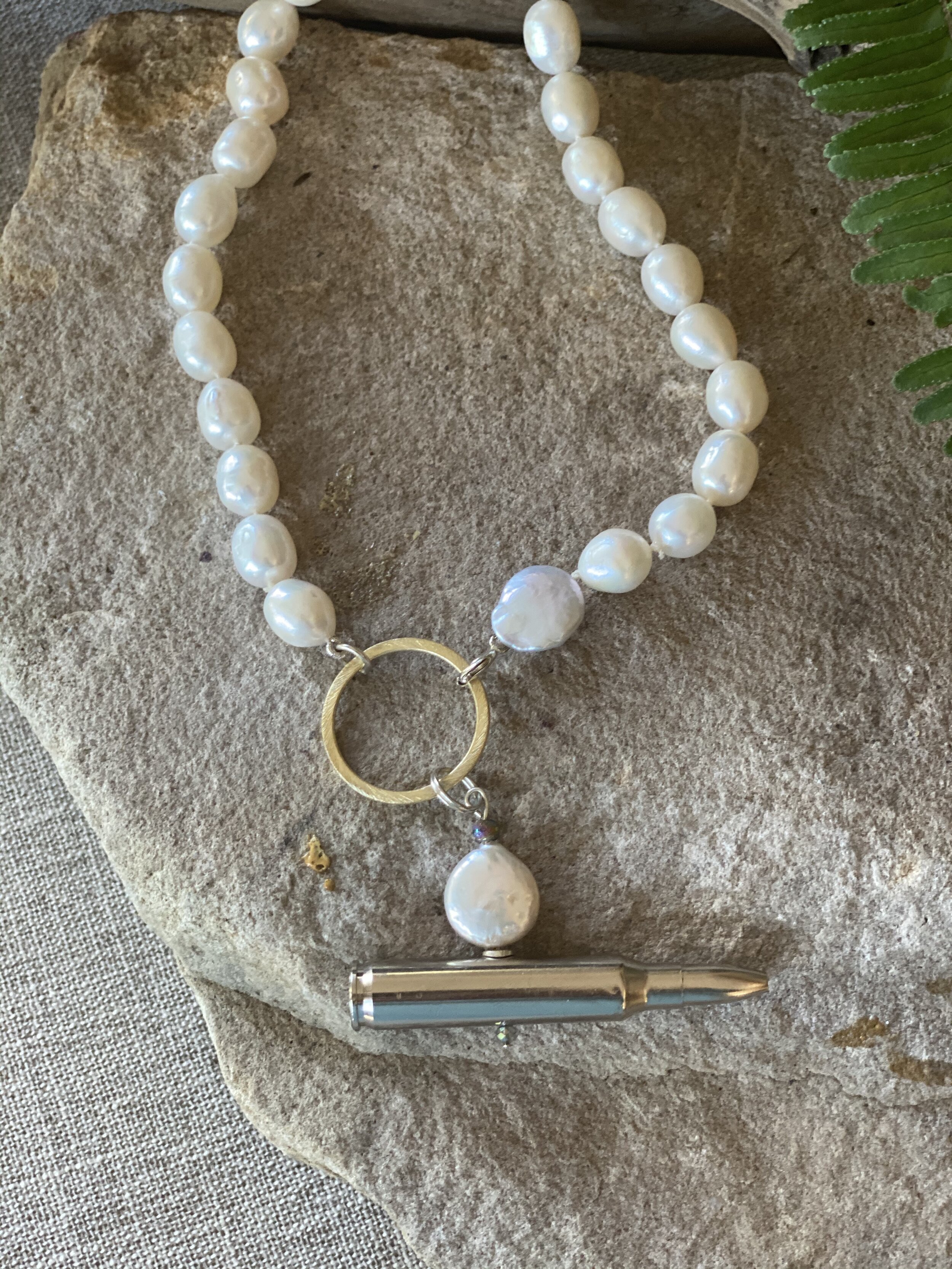 19.5” Natural Freshwater pearl necklace with a unique .223 bullet pendant 