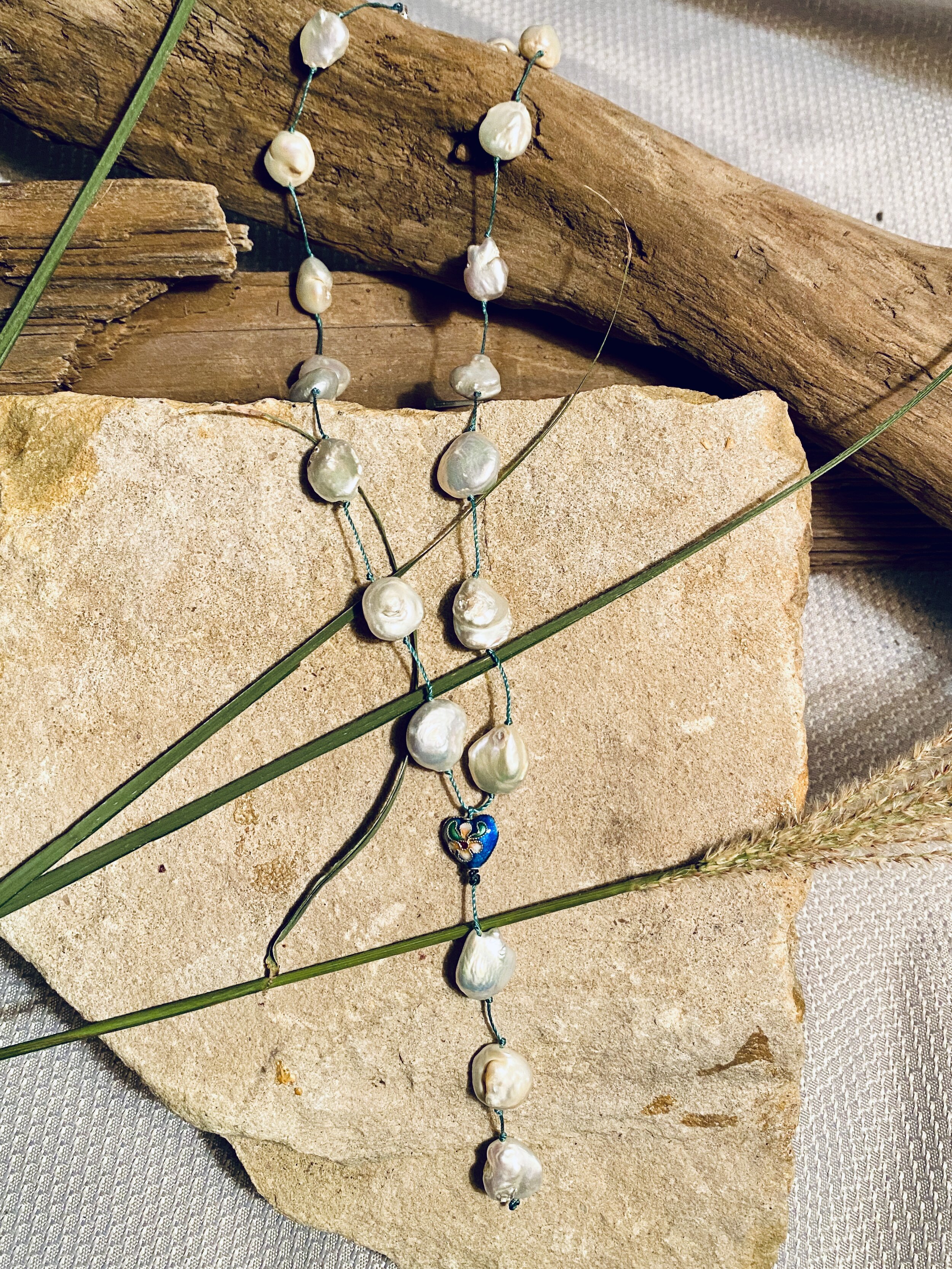 21” Natural freshwater Keshi pearl “tin cup” style necklace with 3.5” drop 