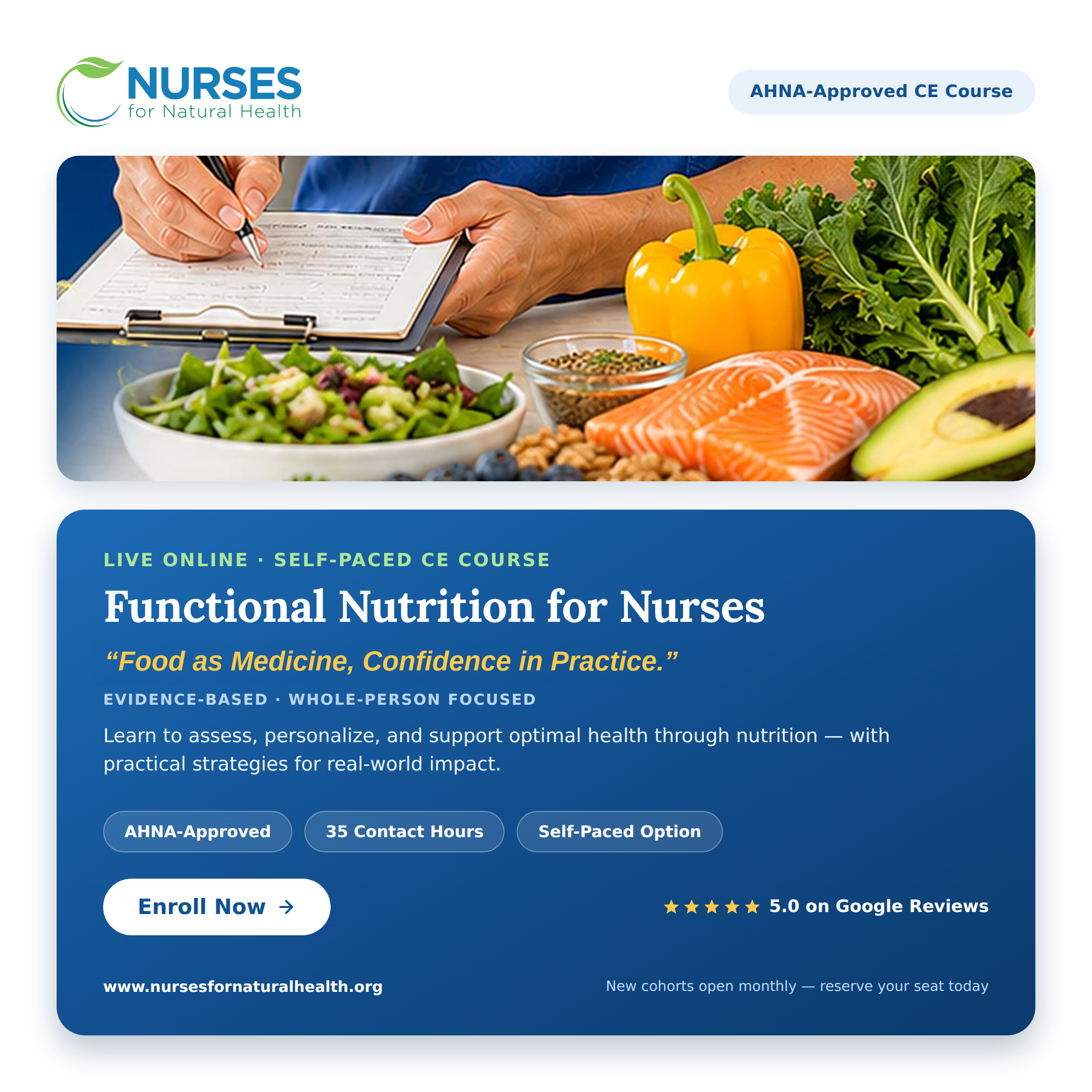 Functional Nutrition for Nurses online self-paced CE course — clipboard with fresh vegetables, fish, and whole grains
