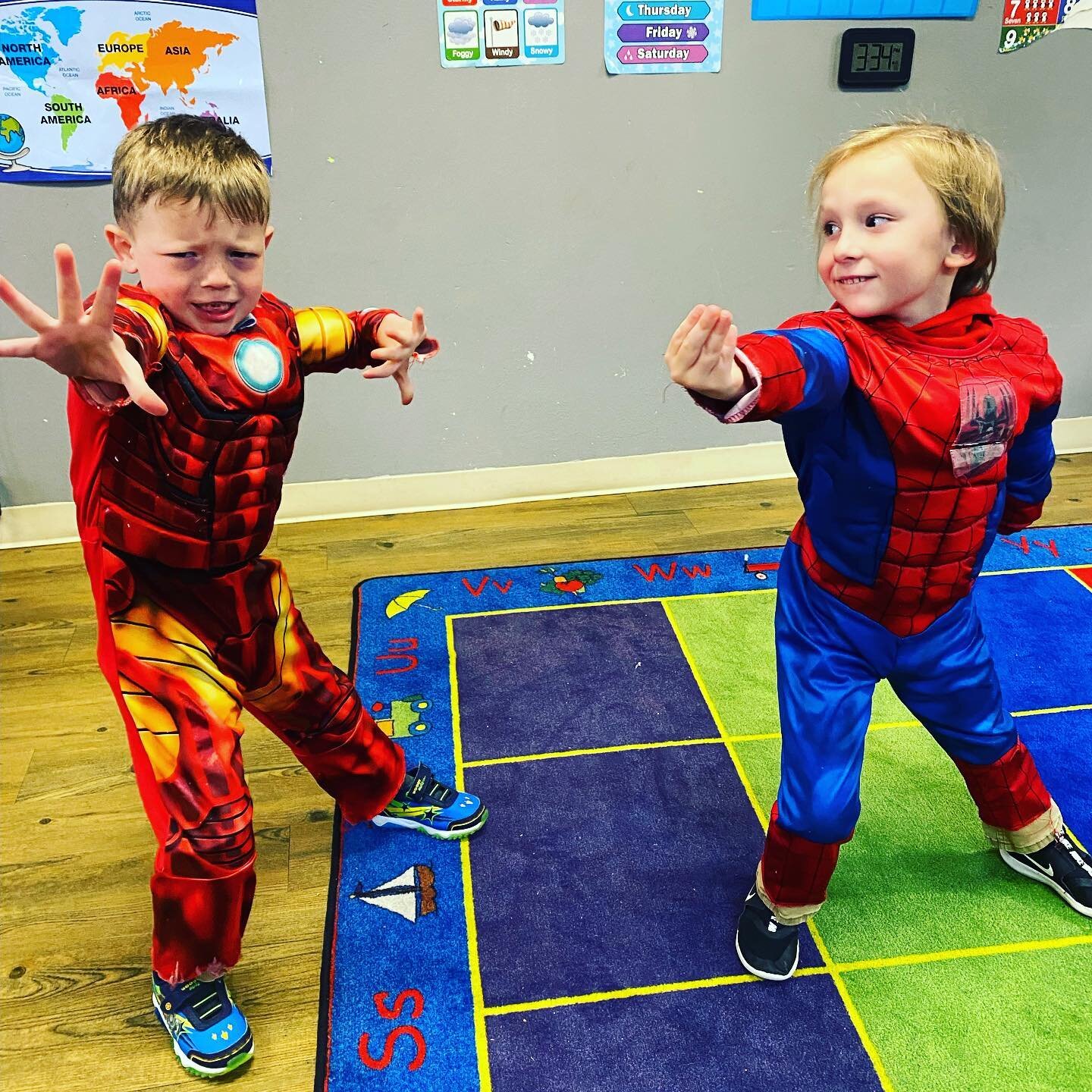 There&rsquo;s no report on the safety of the photographer, but what we do know is that iron man and spidey are IN THE BUILDING! @trinityprepdayschool #trinityprep #thetrinity #childcare #provider #kids #superhero #ironman #spiderman #friends #daycare