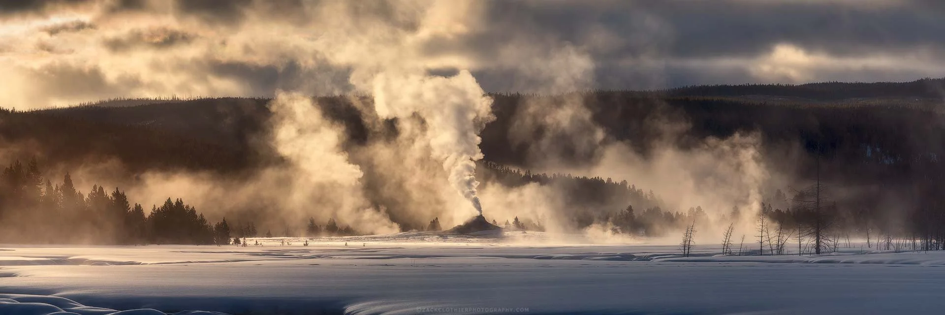 "WINTER STEAM" - Geyser Basin Sunrise Yellowstone Park Wyoming Panoramic Fine Art Print by Zack Clothier Photography