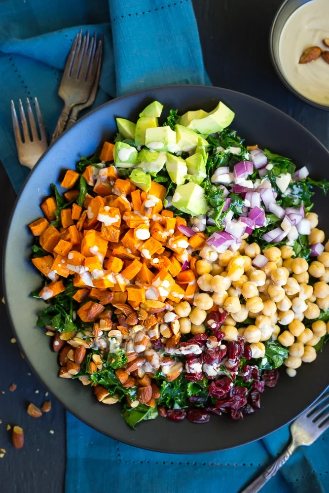 Kale Power Salad with Lemon Tahini Dressing via She Likes Food