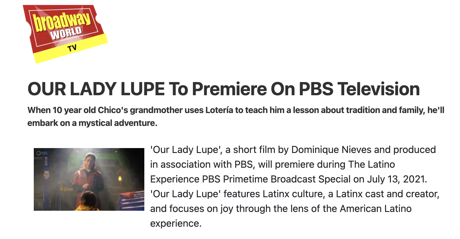 Broadway World covers Our Lady Lupe PBS broadcast