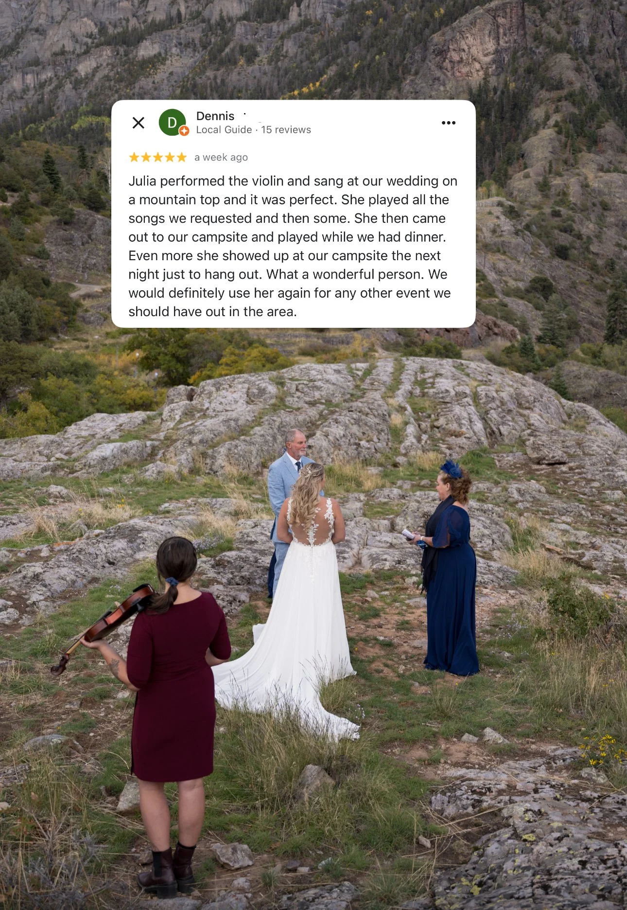 Telluride elopement ceremony with a violinist performing in the foreground while the couple exchanges vows on a mountainside
