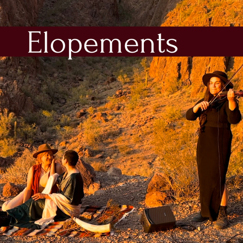 Romantic elopement ceremony ideas featuring a sunset picnic for the couple with live violin music at golden hour