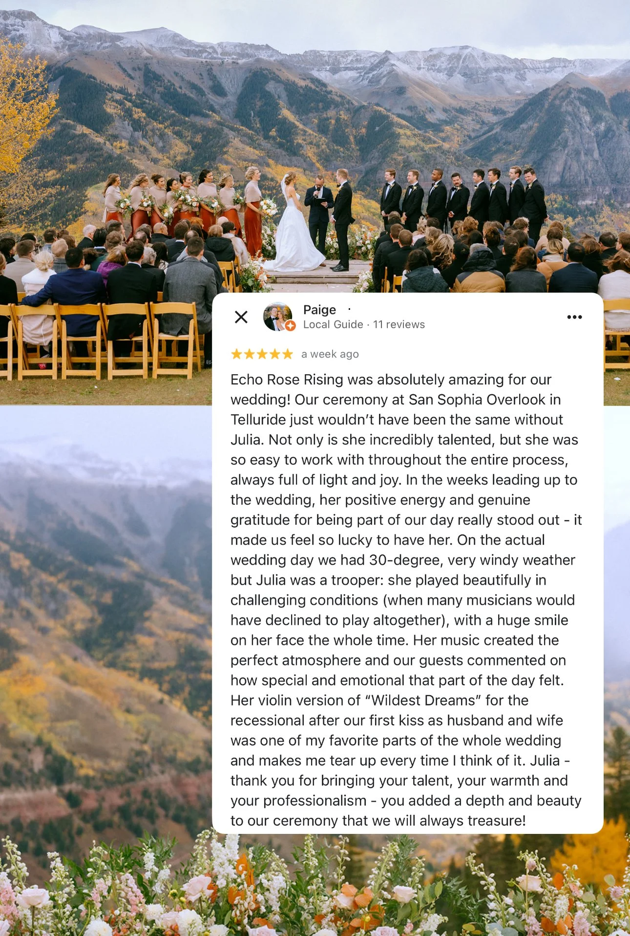 Ceremony moment at a Colorado mountain wedding venue showing the wedding party at the altar with autumn colors and mountain scenery in Telluride, Colorado