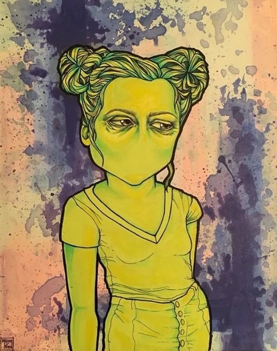 Q: What inspired this body of work? Q: Have you been doing this particular style for a while? A: My style changes and evolves but some years ago i realized that i much preferred my characters without their noses and mouths. To me, the absence of other features brings more attention to the emotion in the eyes. Q: What wisdom or words would you give your little self if you could go back in time? A: Do more. Get out there, and focus. believe in yourself. don’t get caught up in the 9-5. i think we have a tendency to get wrapped up and lose time. i could have got so much more accomplished, if i had the time and believed in myself more when i was younger. Q: Any music albums that you just can’t get away from right now that you don’t/do want your followers to know about.”? A: My tastes in music are all over the place, but i really enjoy john frusciante ’s solo albums. besides that i get down regularly to glass animals , flume, rasputina , jill scott , and bot and genghis clan,just to mention a few. i also really like super ratchet rap and hip hop like huey’s pop, lock and drop it 😂 Q: If someone gave you 1 week to live what would you do? A: I’d spend all my money frivolously, anything and everything. grab my best friends and get somewhere warm and go wild. Q: Who is your female crush or hero? A: Tracy Lords, all time babe crush! the original “resting bitch face”. she’s serious hotness, and one tough chick. 