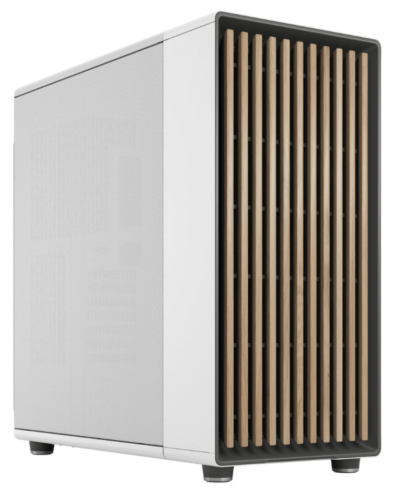 A modern computer tower with a white body and wooden slats on the front panel.