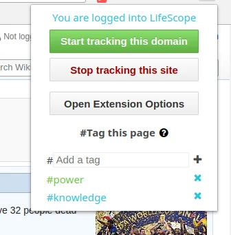Browser extension with tagging section shown