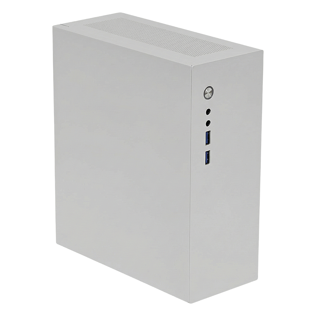 White computer case with front ports and controls, including USB ports, audio jack, and power button.