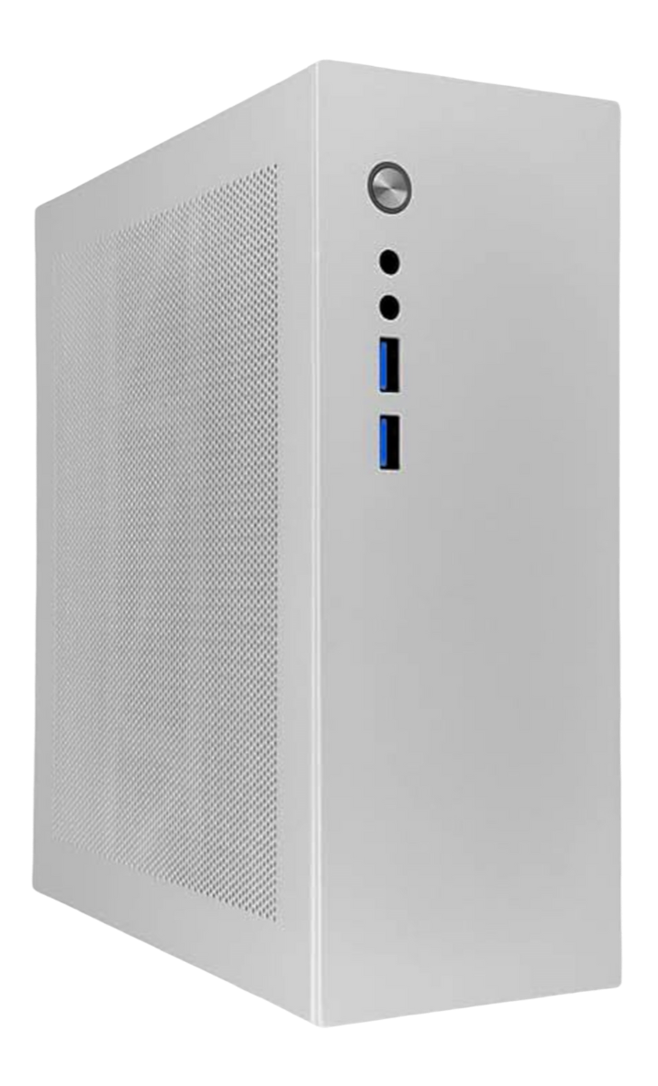 A white computer tower with front ports including two USB ports, audio jack, and power button.