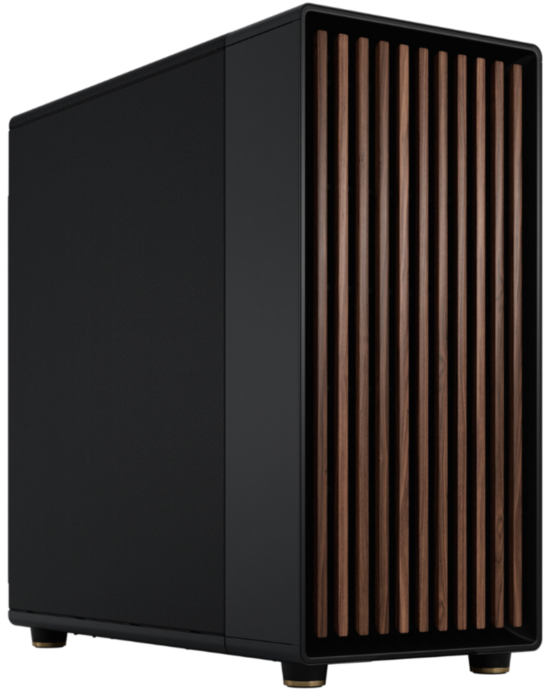 A black computer tower case with wooden slats on the front panel.