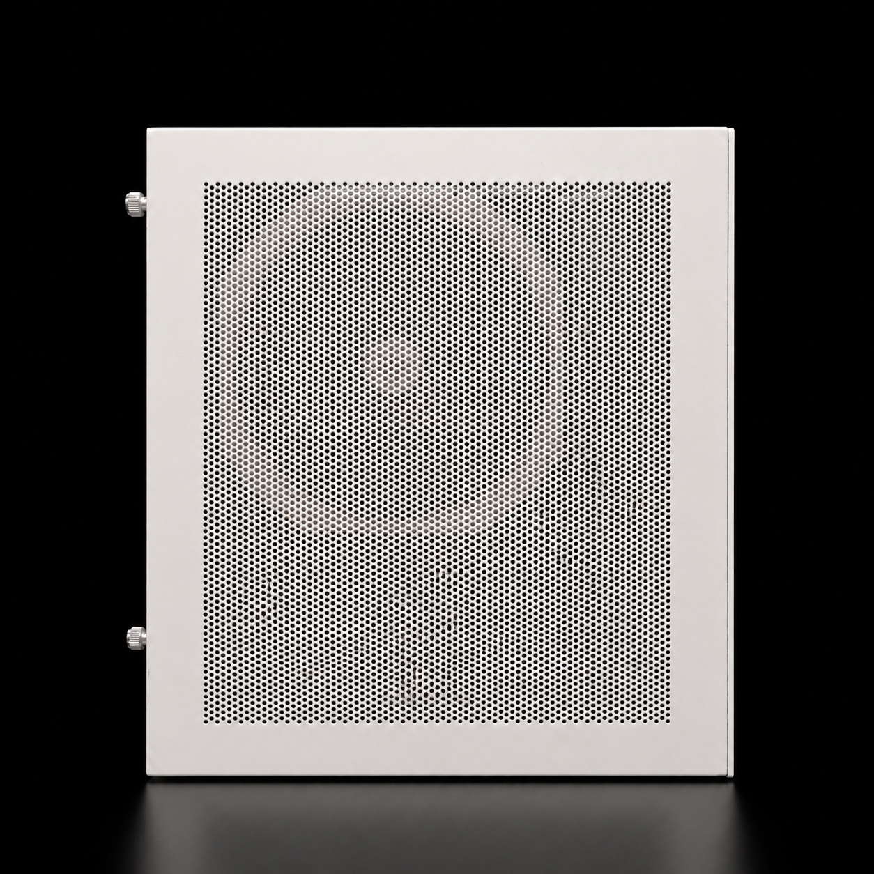 A white speaker with a perforated front panel showing a faint image of a person's face, set against a black background.