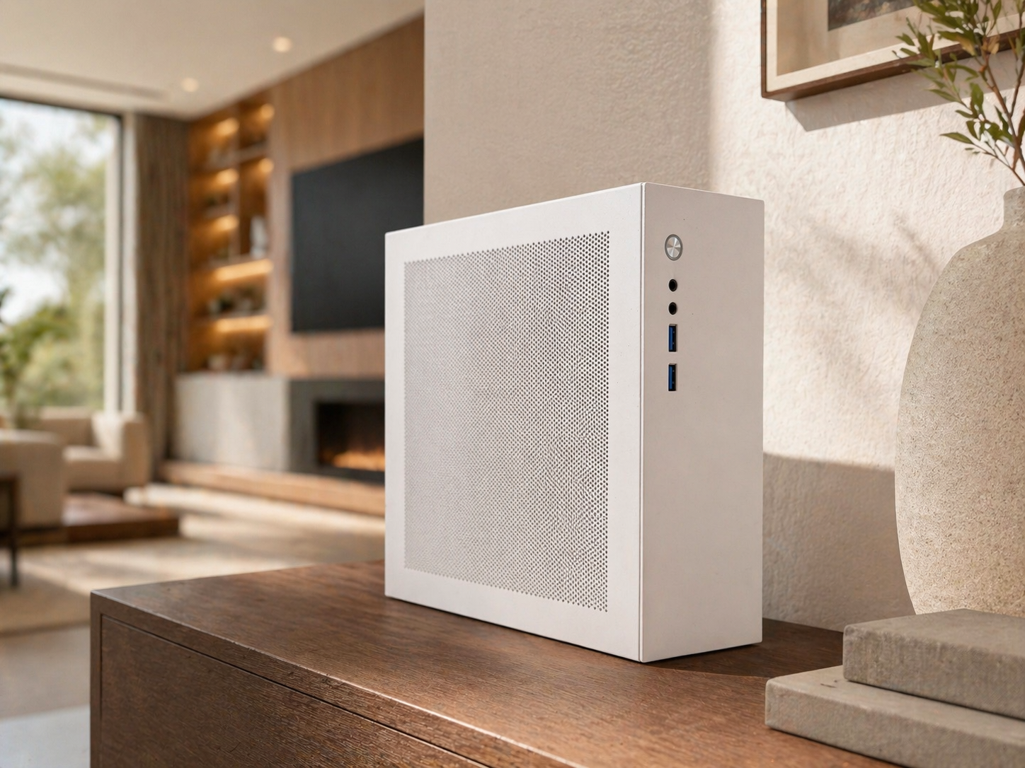 White computer tower with perforated side panel, USB ports, and power button, on a wooden table in a living room with fireplace and large window.