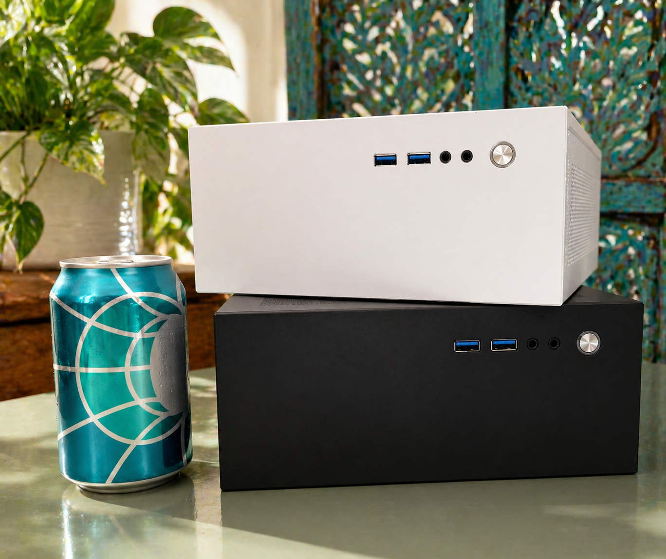Two desktop computer cases, one white and one black, with USB and audio ports, placed on a table. A soda can with a blue globe design and condensation droplets is in the foreground on the left. There is a potted plant and a decorative screen in the b