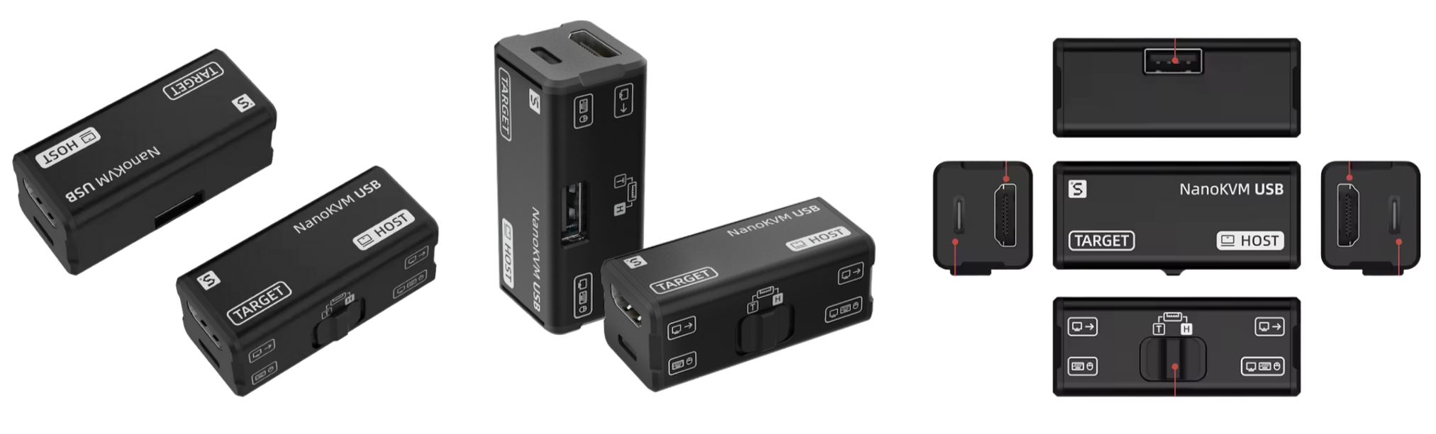 Collection of black electronic devices labeled 'NanoKVM USB,' featuring ports, switches, and labels for target, host, and buttons, interconnected with cables.