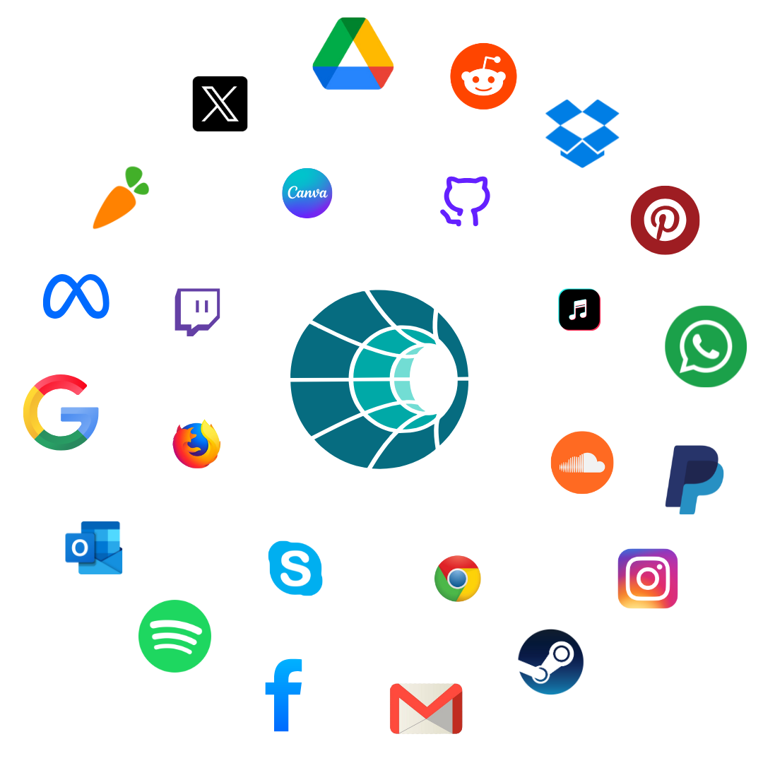 Stylized silhouette of a companion memory logo, surrounded by various app icons such as Google, Facebook, Instagram, TikTok, WhatsApp, YouTube, Twitter, and others, representing social media and digital communication.