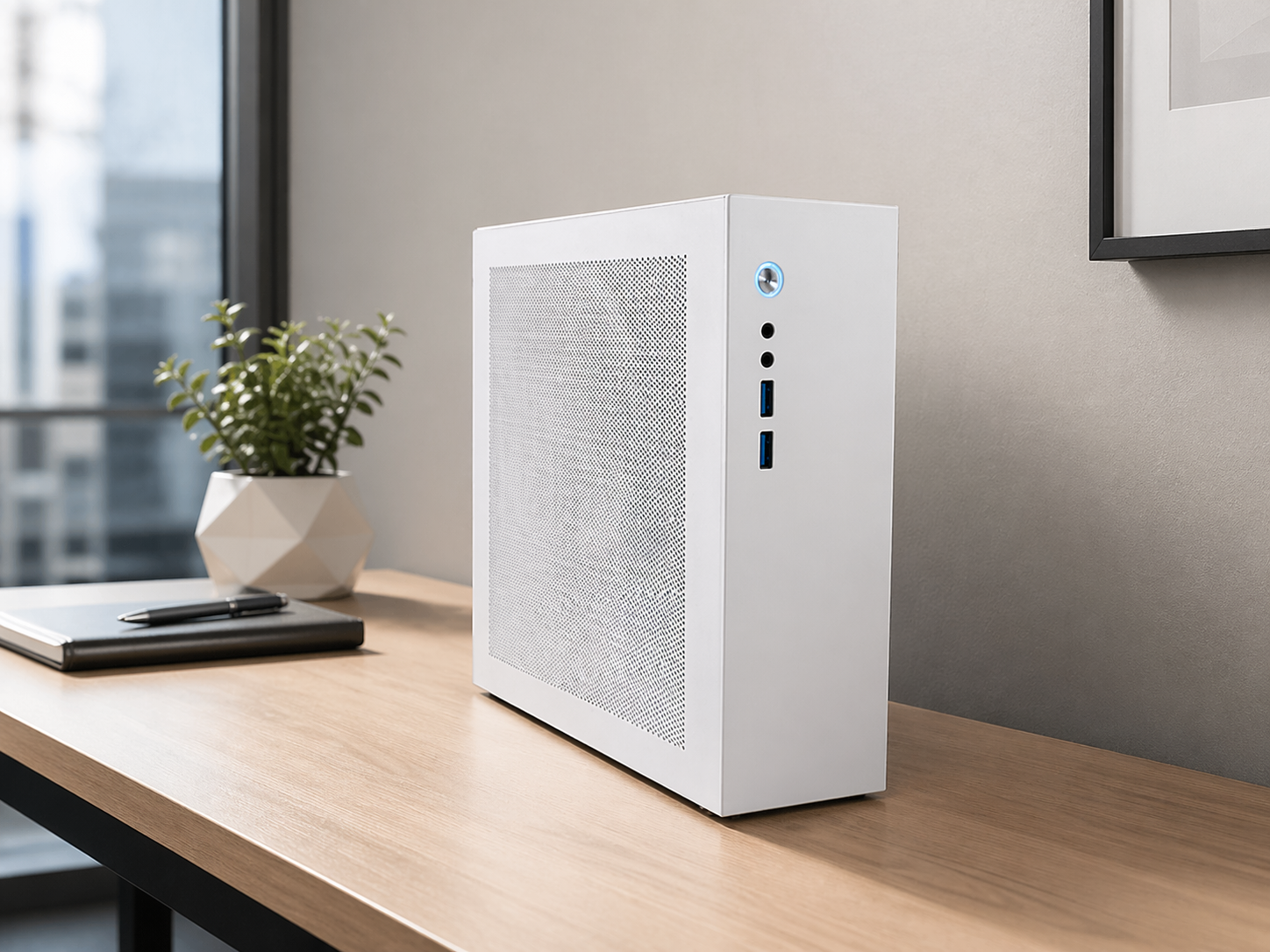 A white mini desktop computer case with USB ports, audio jack, and power button on a wooden desk in an office setting.