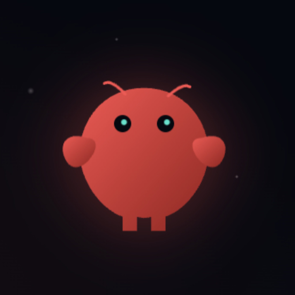 Cute cartoon creature resembling a ladybug with large blue eyes, antennae, and small limbs, floating in space against a black background with a few stars.