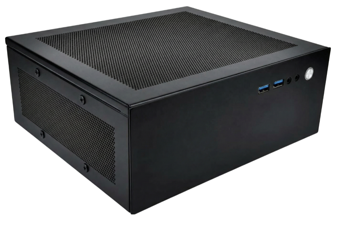 Black mini PC case with ventilation holes on top and sides, two USB 3.0 ports, headphone jack, microphone jack, and power button on the front.