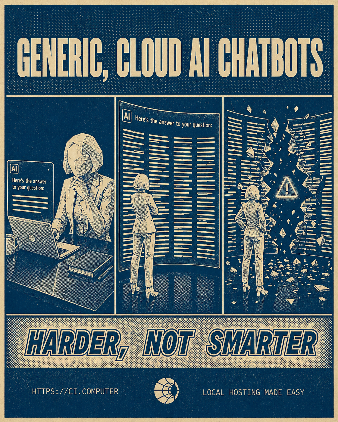 an illustration in duo tone vintage newsprint featuring a comic panel that shows someone using ai to get an answer