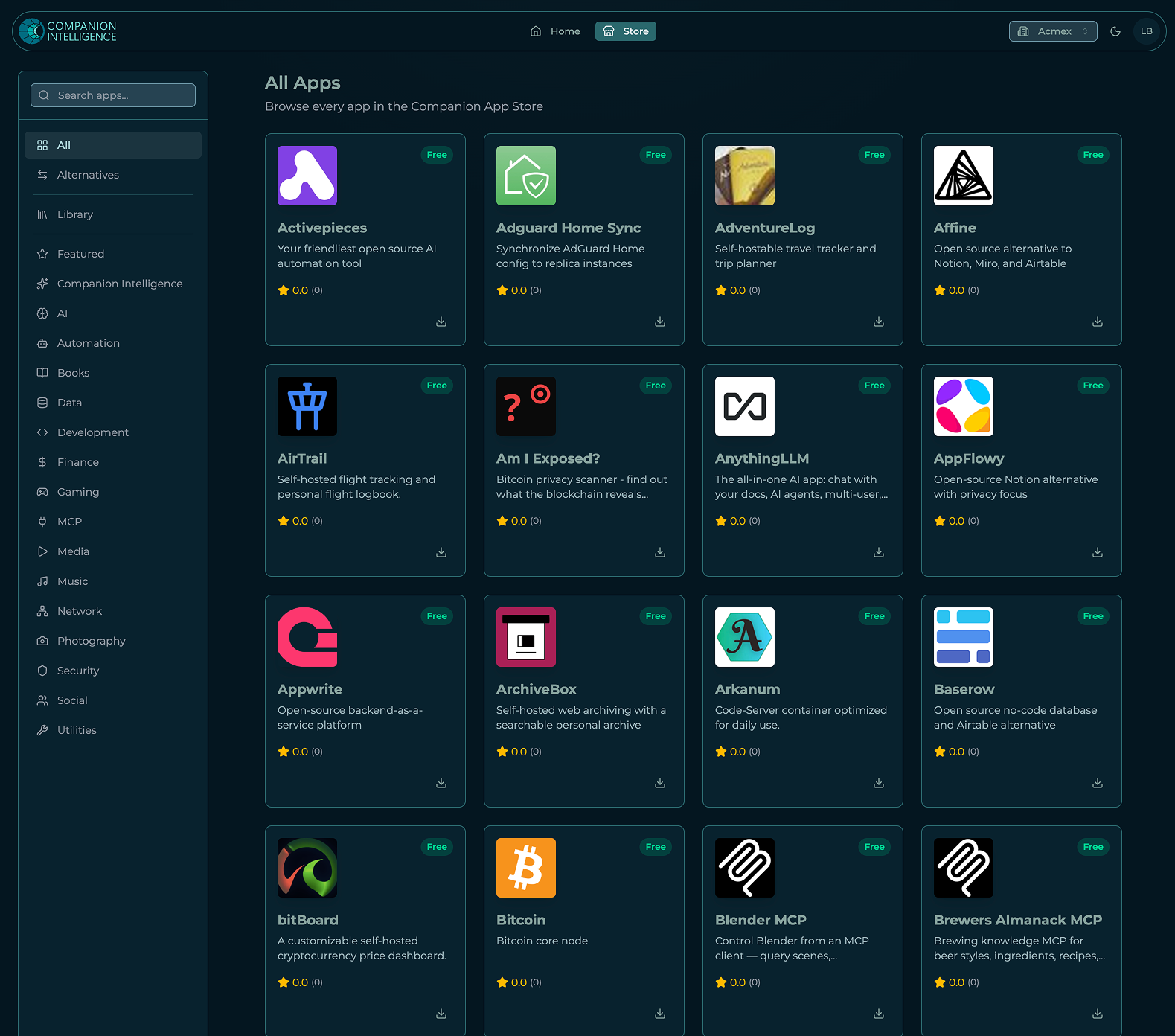 Screenshot of a website page titled 'All Apps' with various app icons and descriptions in a grid layout, featuring free open-source applications related to AI, automation, development, and more.