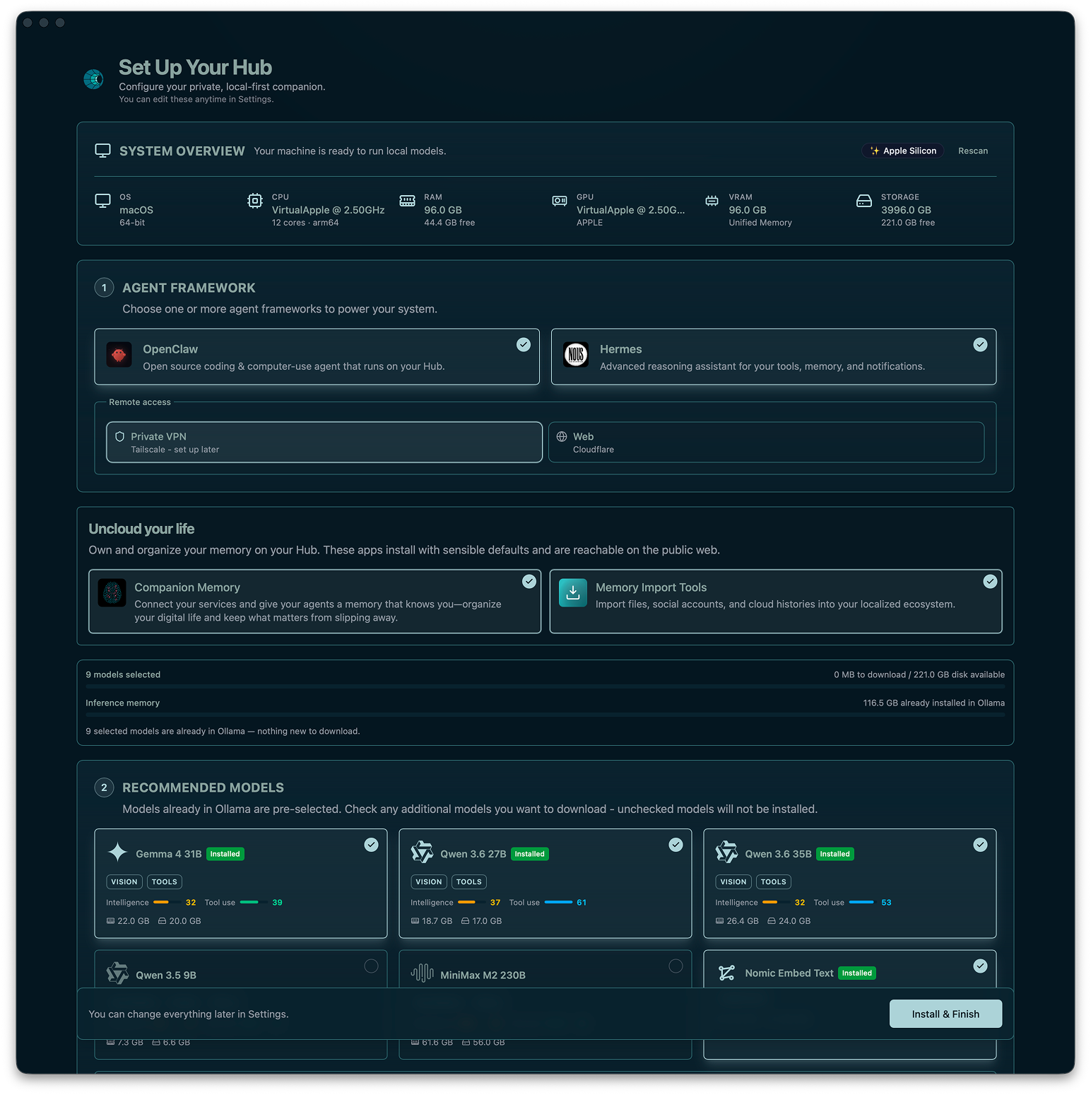 Screenshot of a computer interface for setting up a local computer hub with options for agent frameworks, remote access, and recommended models.