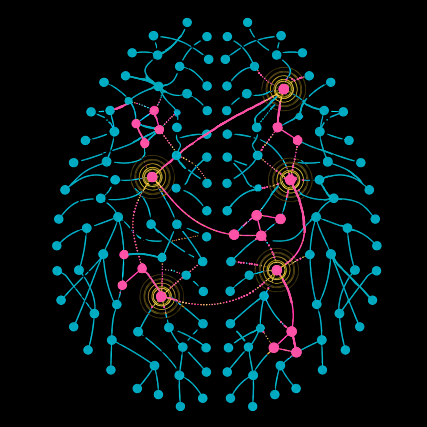 A digital graphic of a neural network with interconnected nodes in blue and pink, representing data processing pathways, on a black background.