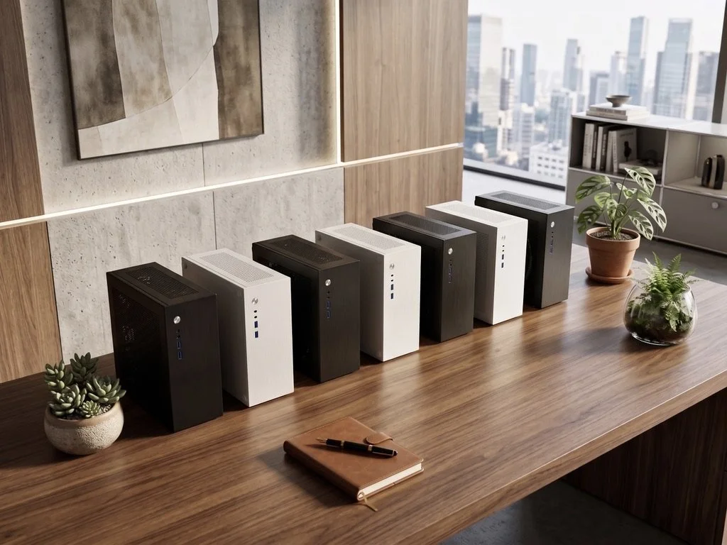 Row of seven desktop computers in black and white on a wooden table in an office, with two potted plants, a notebook with a pen, and a cityscape window in the background.