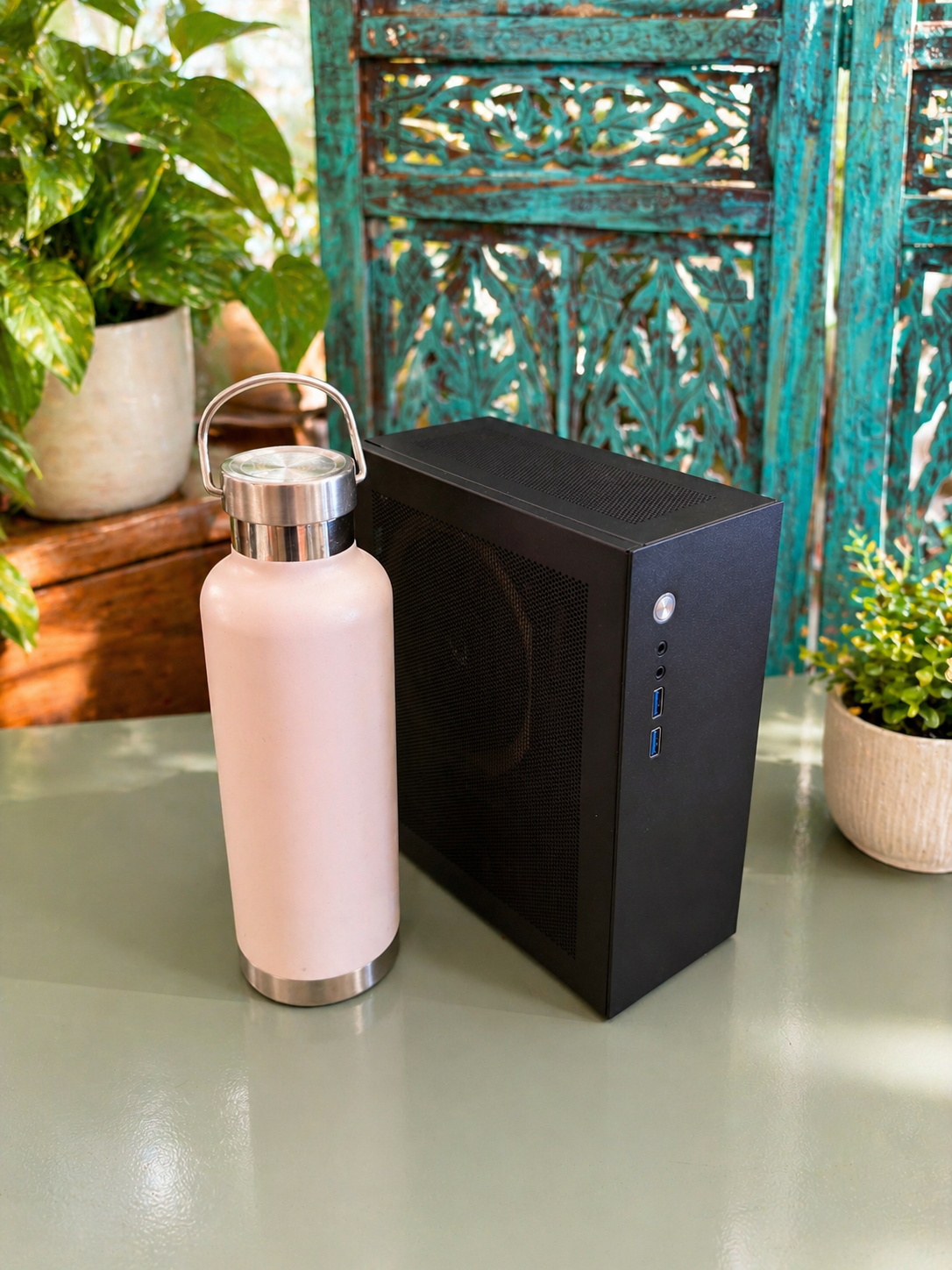 A black desktop computer tower placed on a green tabletop next to a beige water bottle with a metal lid and handle, flanked by two potted green plants, one with large variegated leaves and the other with smaller leaves, against an intricate teal wood